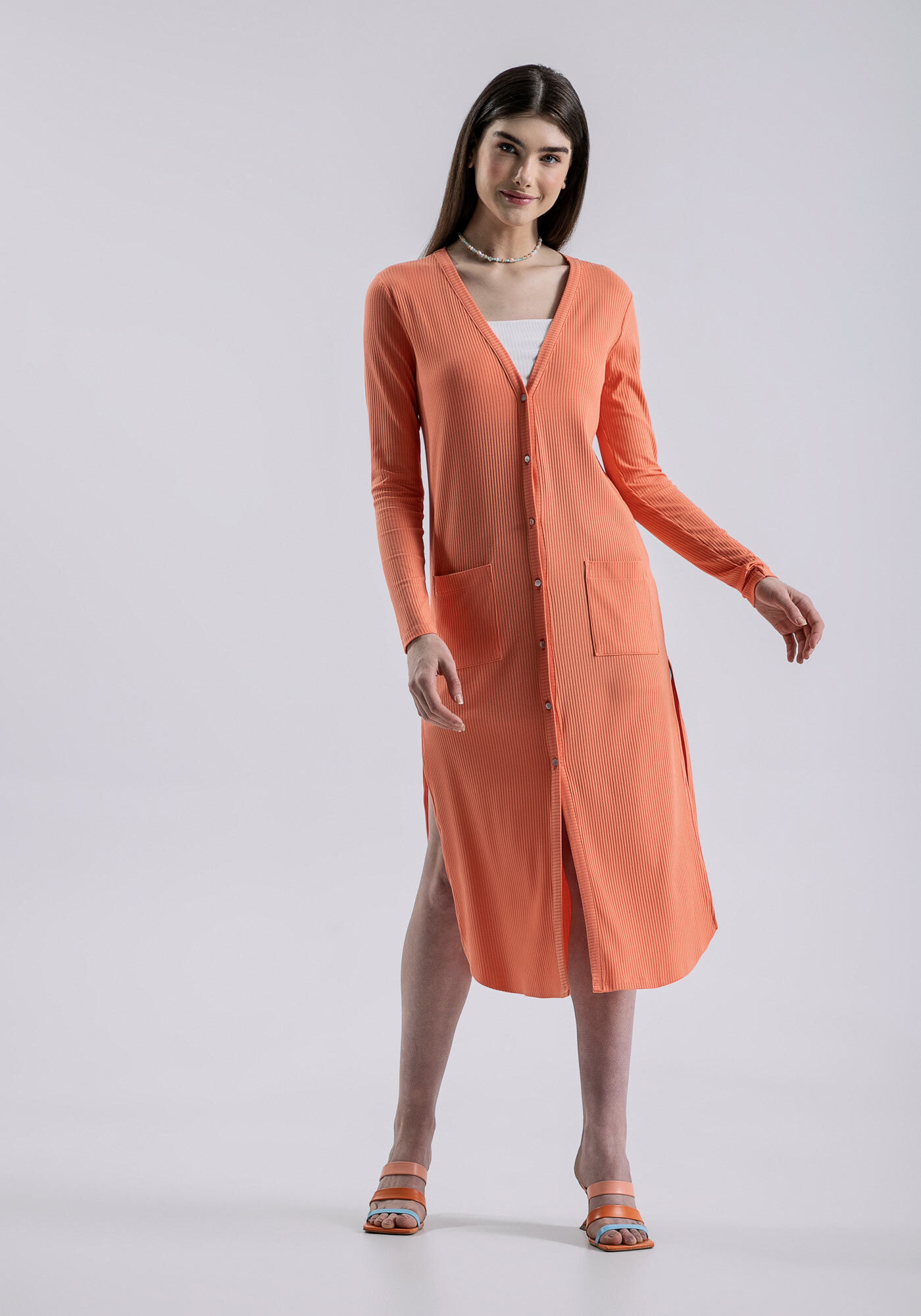 Cardigan Longo Canelado com Bolsos, , large.