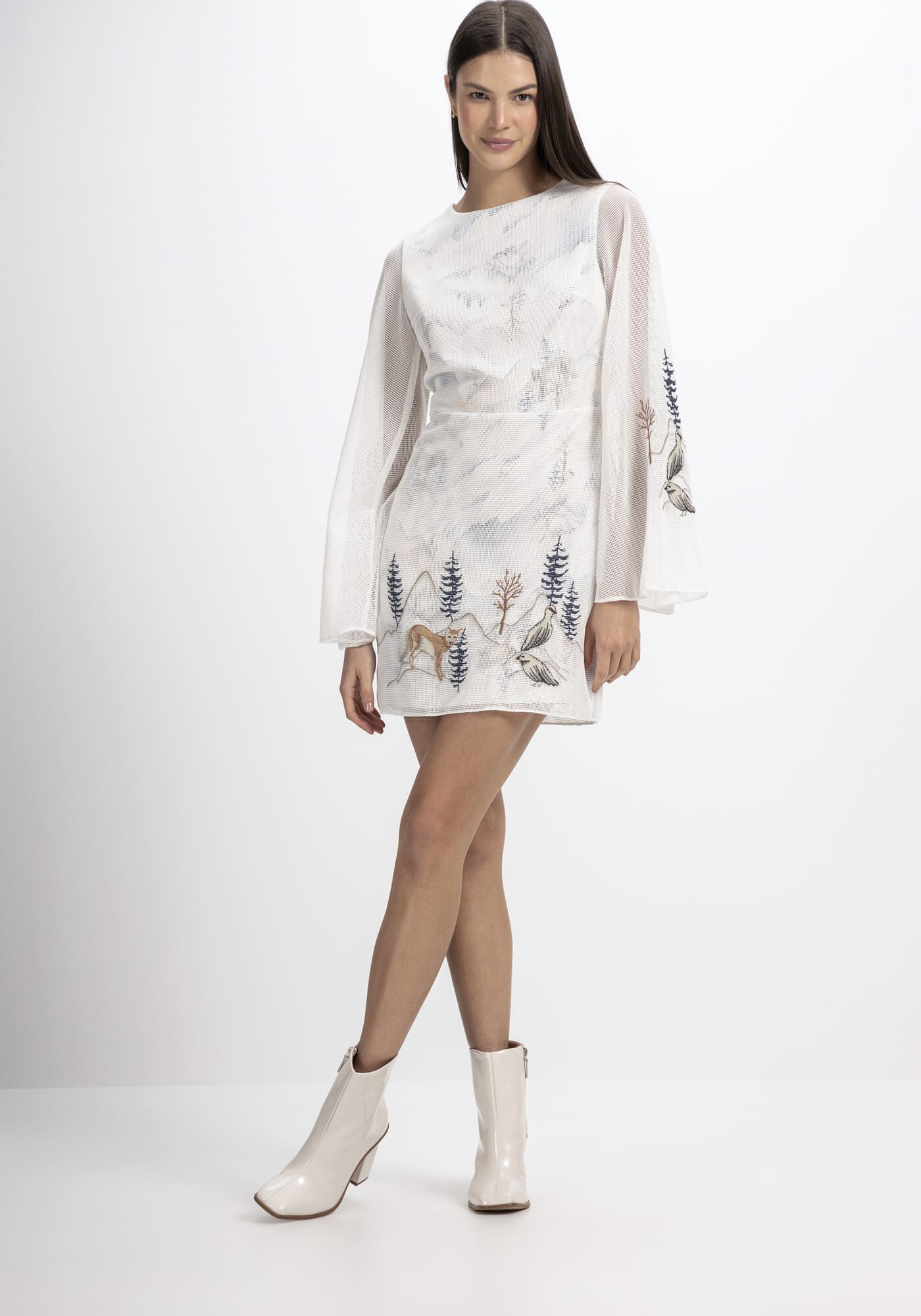 Vestido Curto Manga Longa em Tela com Bordado, FOX, large.