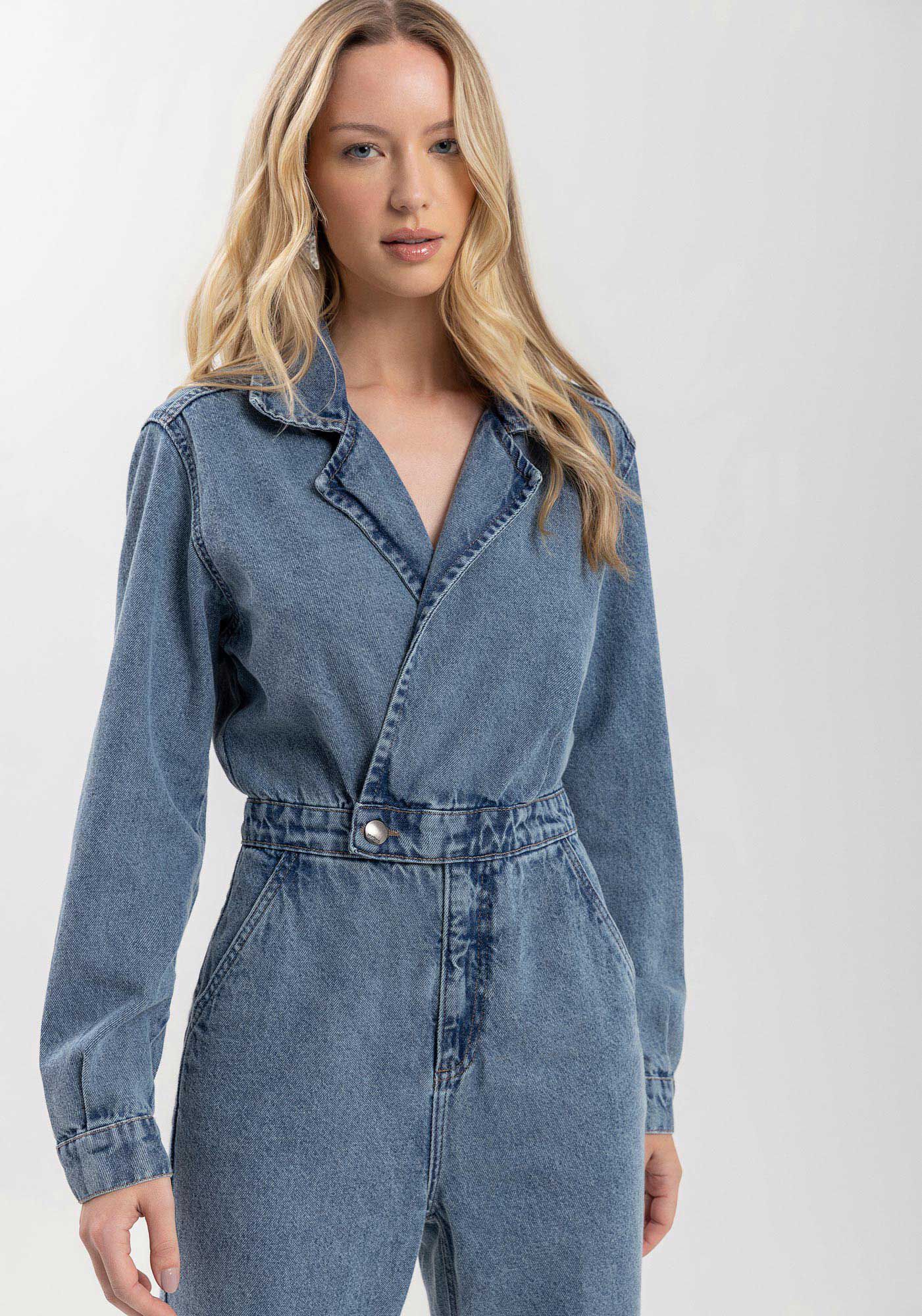 Macac&atilde;o Jeans Cropped Com Mangas Longas E Lapelas, JEANS, large.