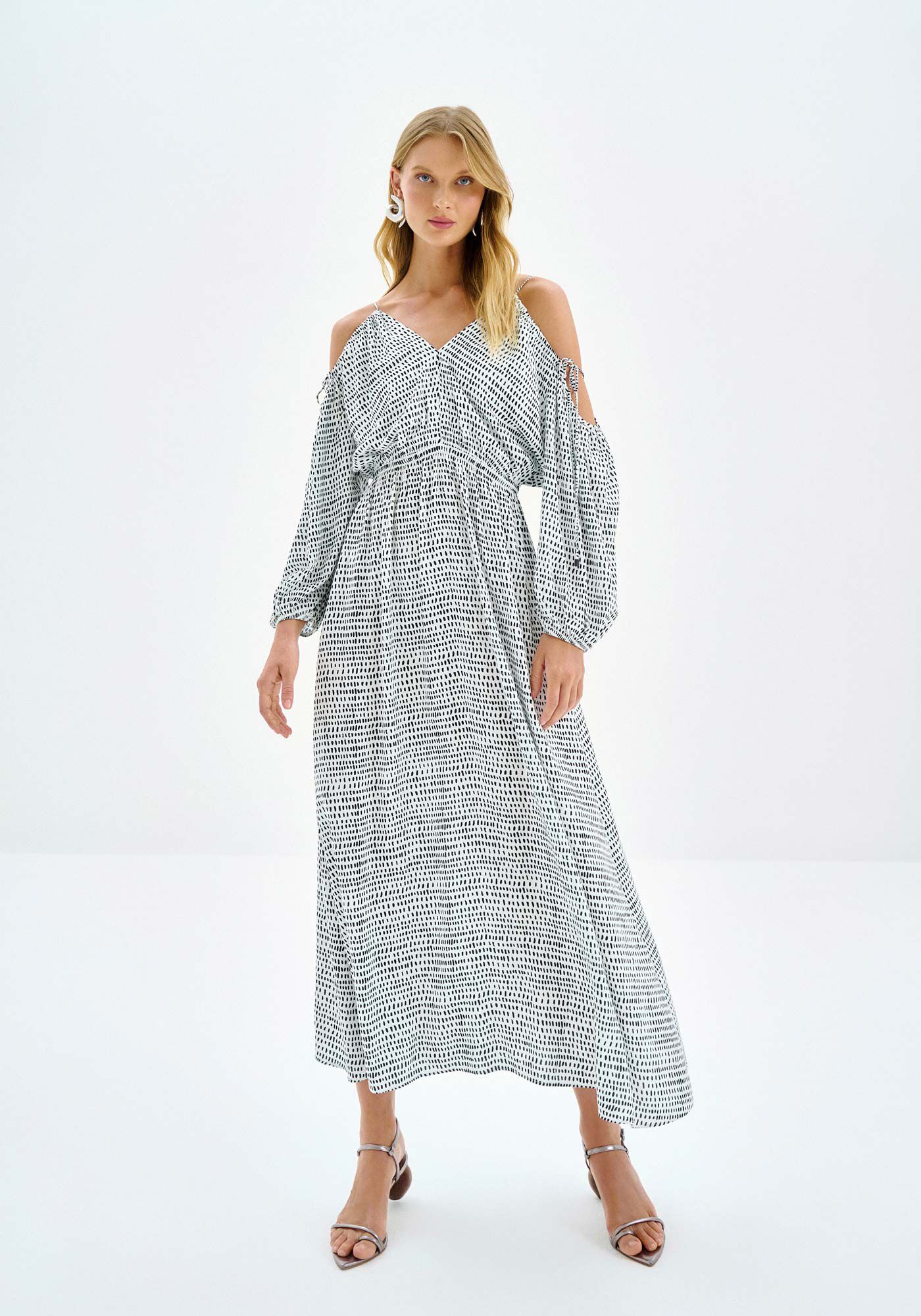 Vestido Midi Estampado em Viscose com Amarra&ccedil;&atilde;o, PONTOS, large.