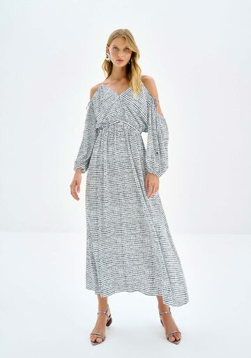 Vestido Midi Estampado em Viscose com Amarração, PONTOS. Vestido Midi Estampado em Viscose com Amarração, PONTOS, large.