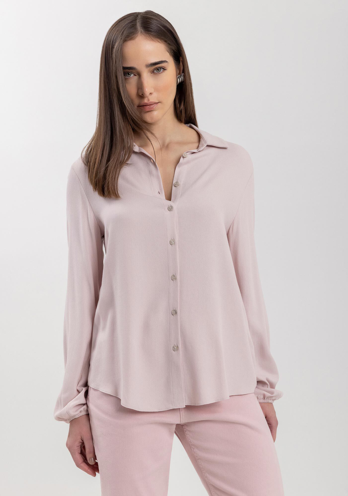 Camisa De Mangas Longas Com Punhos El&aacute;sticos Em Crepe, , large.