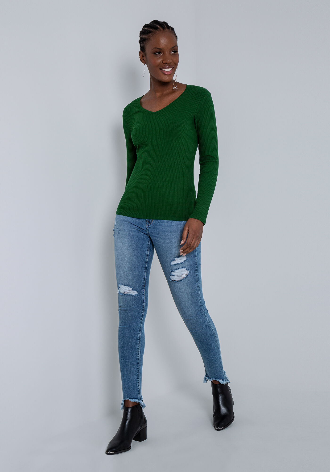 Blusa Manga Longa em Malha Decote V, , large.