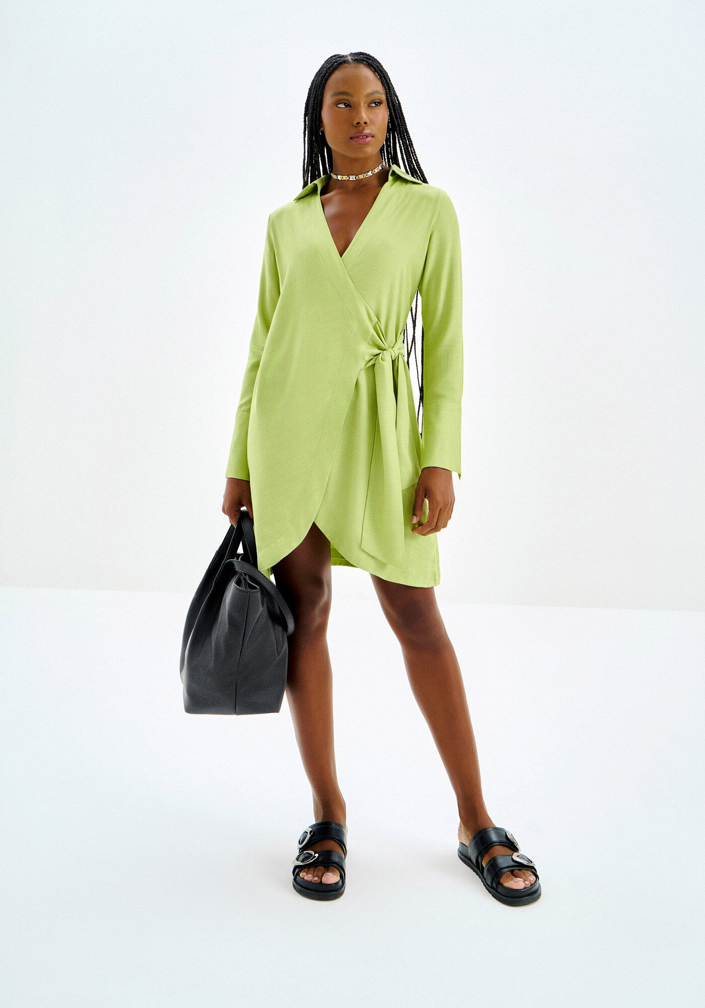 Vestido Curto Manga Longa em Viscose Transpassado, , large.