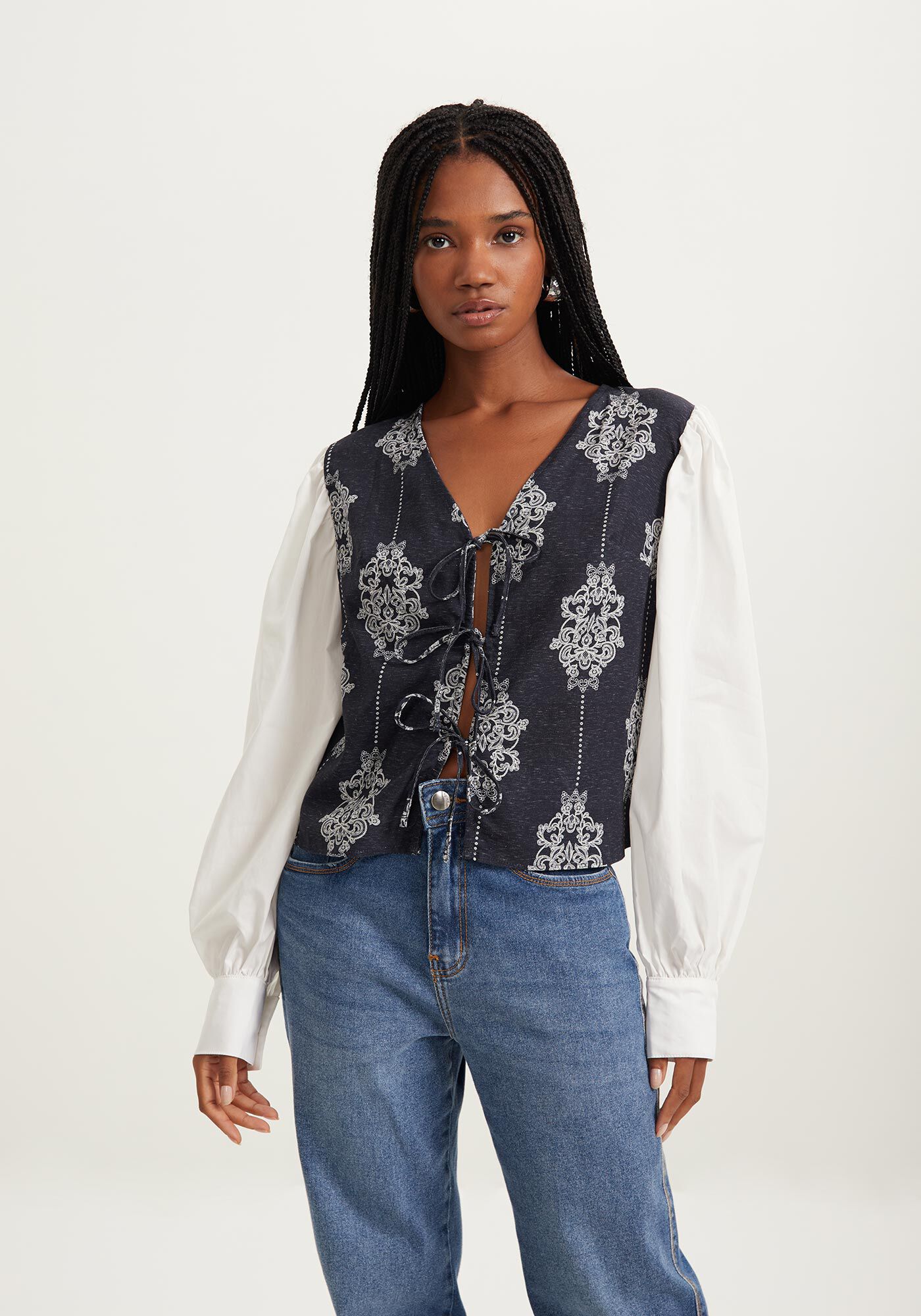 Camisa De Mangas Bufantes Com Amarra&ccedil;&otilde;es Frontais, , large.