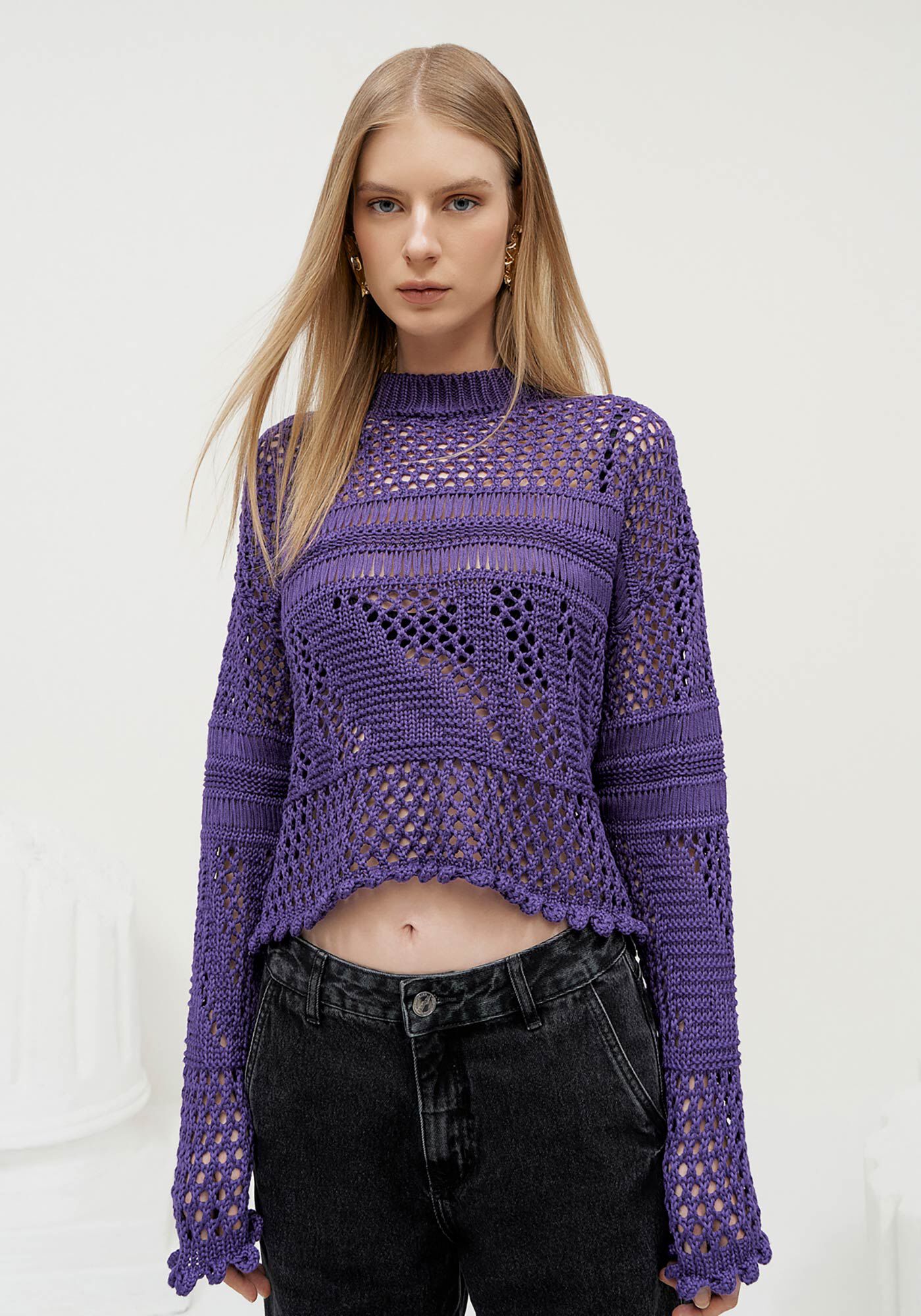 Blus&atilde;o em Tric&ocirc; Vazado com Detalhes Trama, , large.