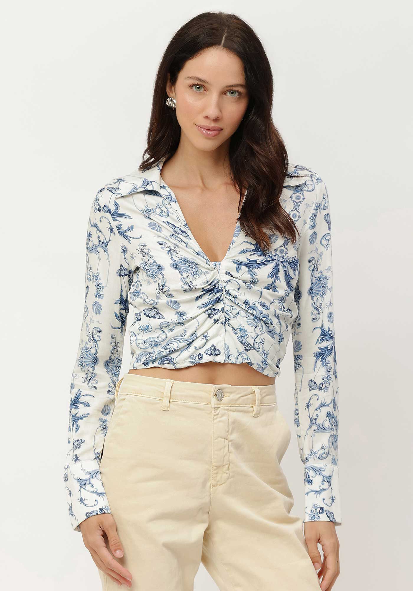 Camisa Cropped Estampada com Franzido, , large.
