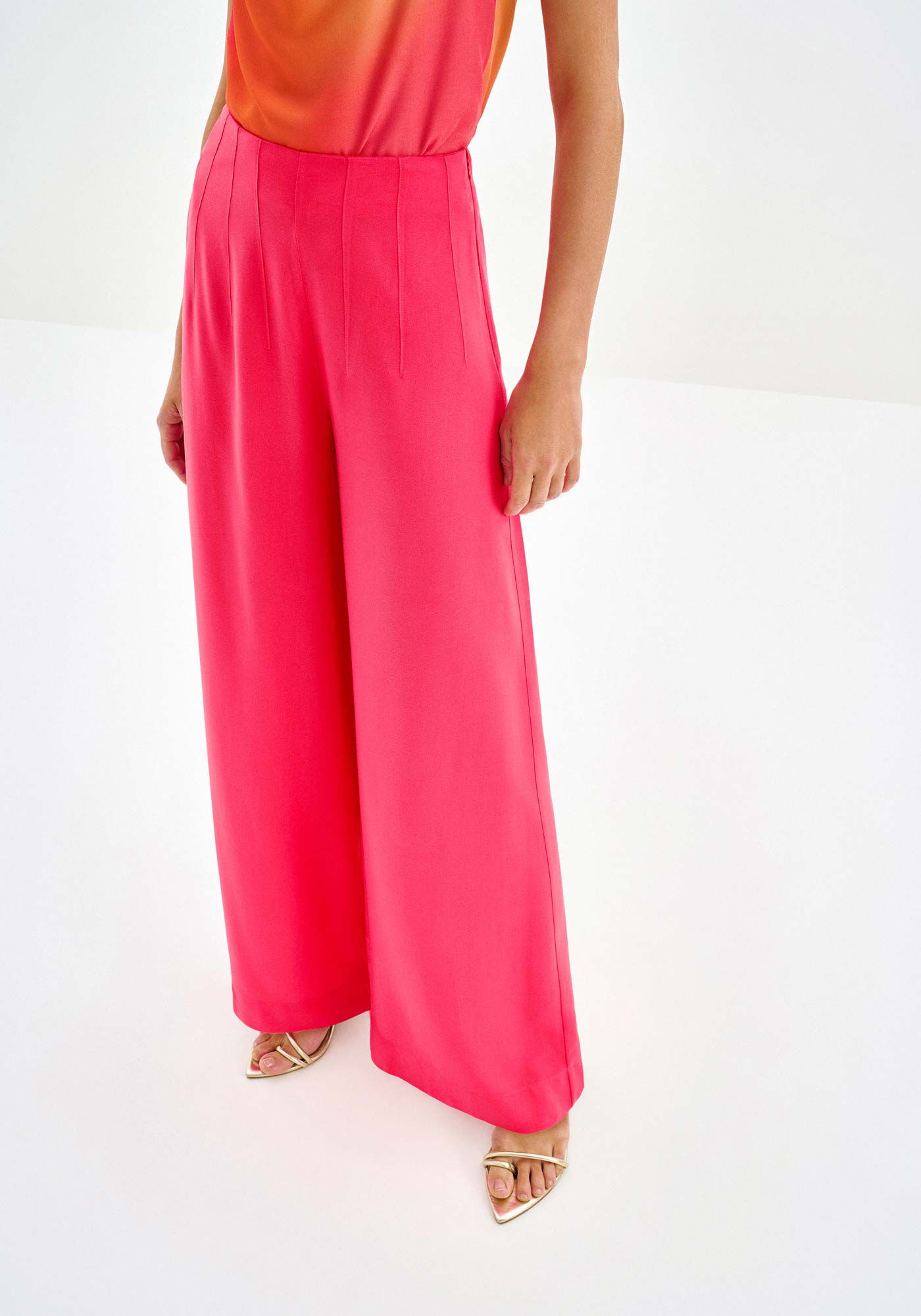 Cal&ccedil;a Pantalona em Crepe Viscose com Pregas, SALMAO FIREWORKS, large.