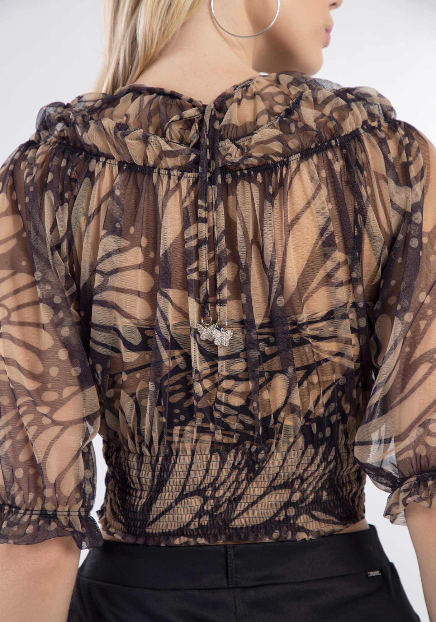 Blusa Franzida em Tule Estampado com Top, , large.