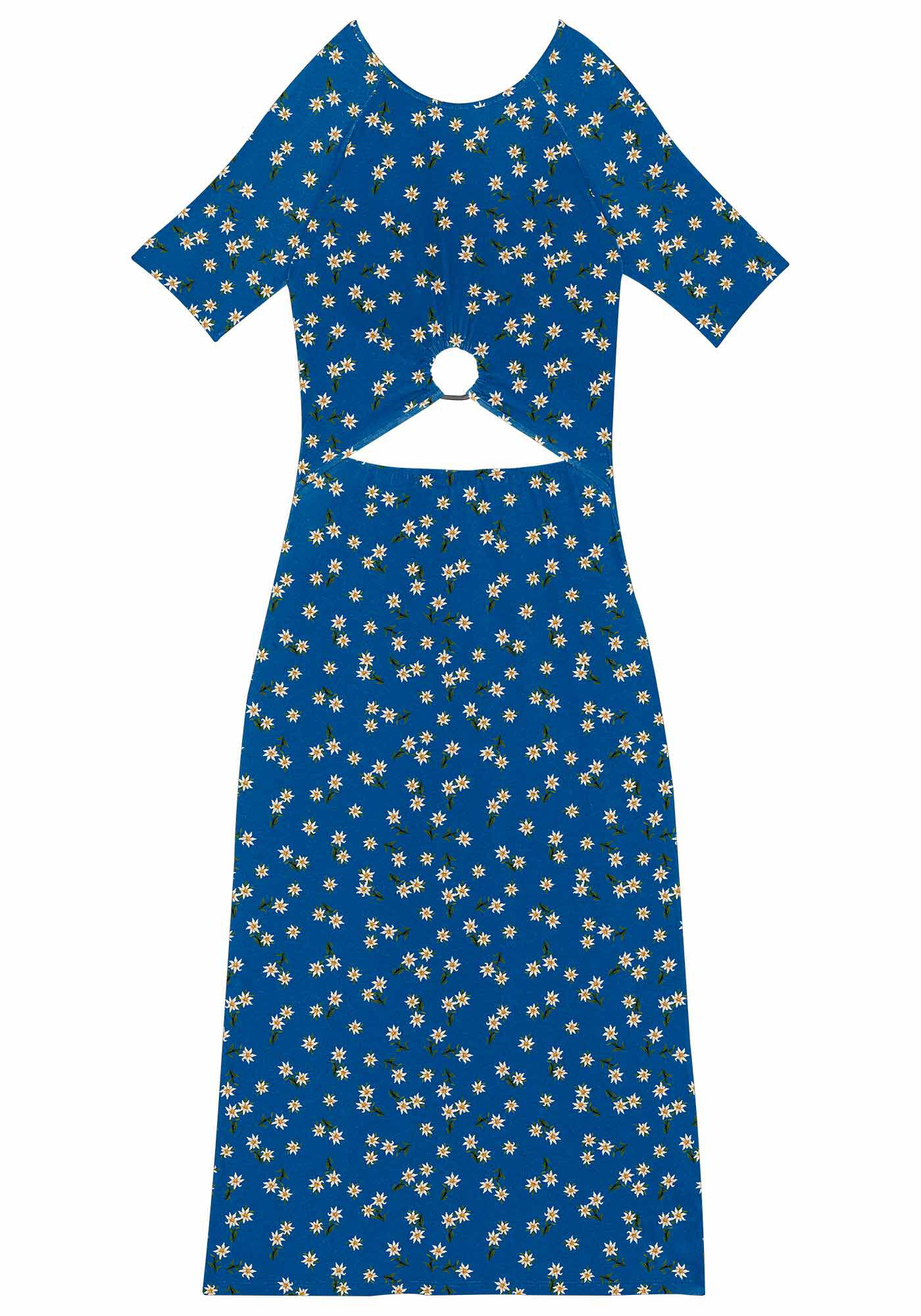Vestido Midi Estampado com Cut e Detalhe Argola, , large.