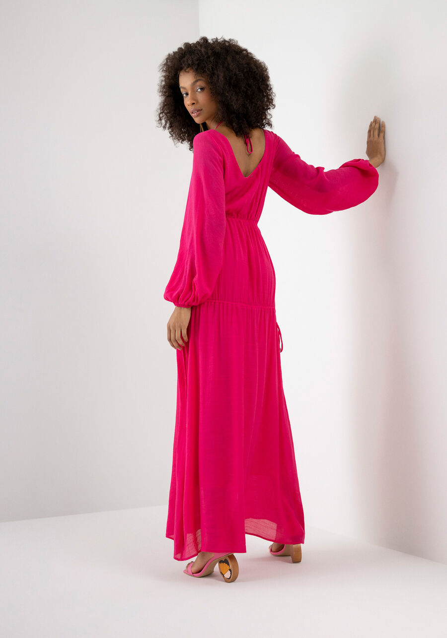 Vestido Longo Manga Longa com Amarração, ROSA HIGH PINK. Vestido Longo Manga Longa com Amarração, ROSA HIGH PINK, large.