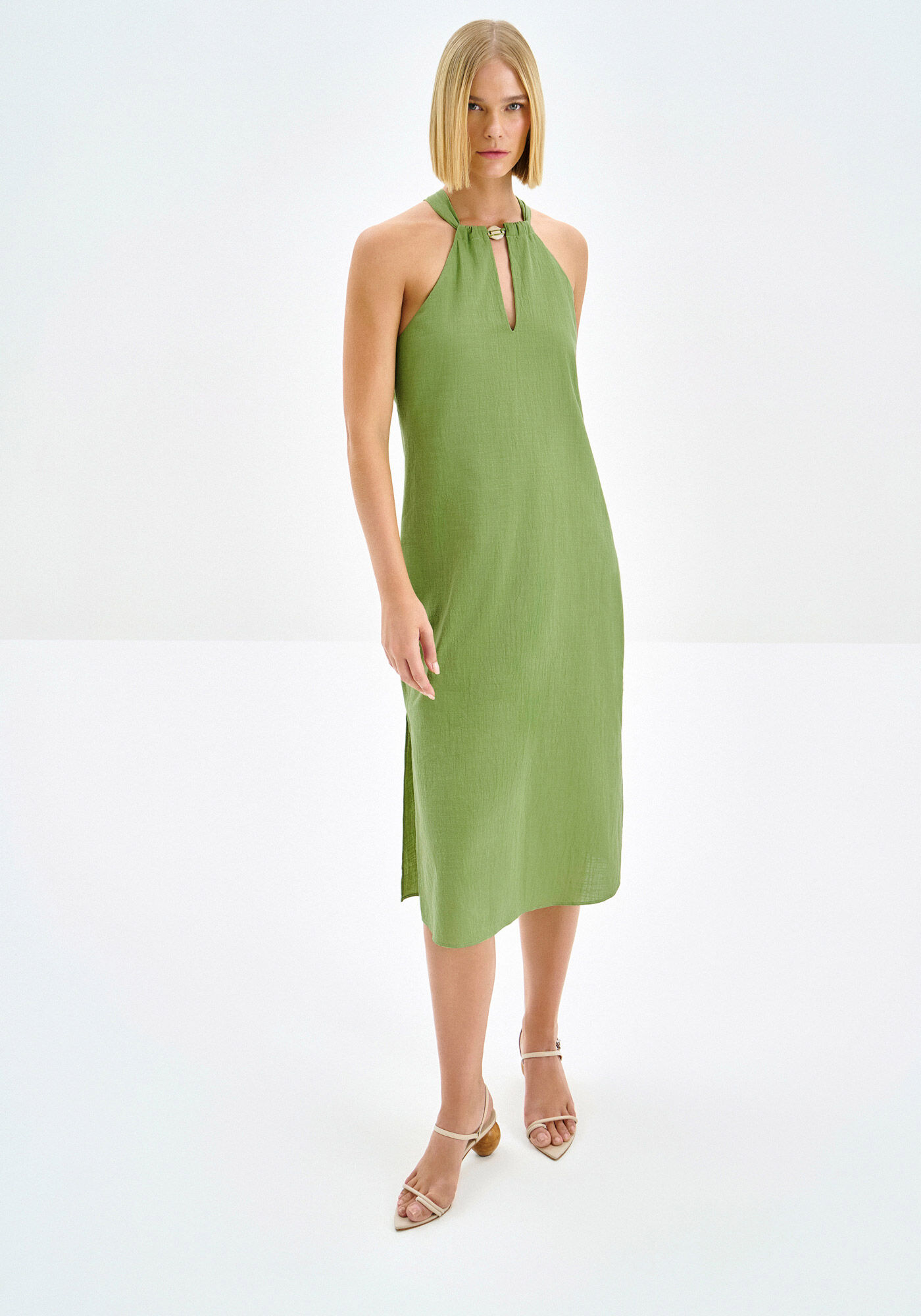 Vestido Midi Reto com Abertura Decote, VERDE LIRA, large.