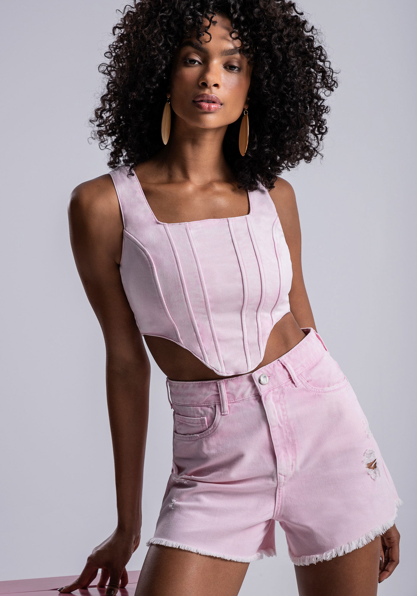 Shorts Sarja Calif&oacute;rnia Estonado Cintura Super Alta, ROSA FABULOUS, large.