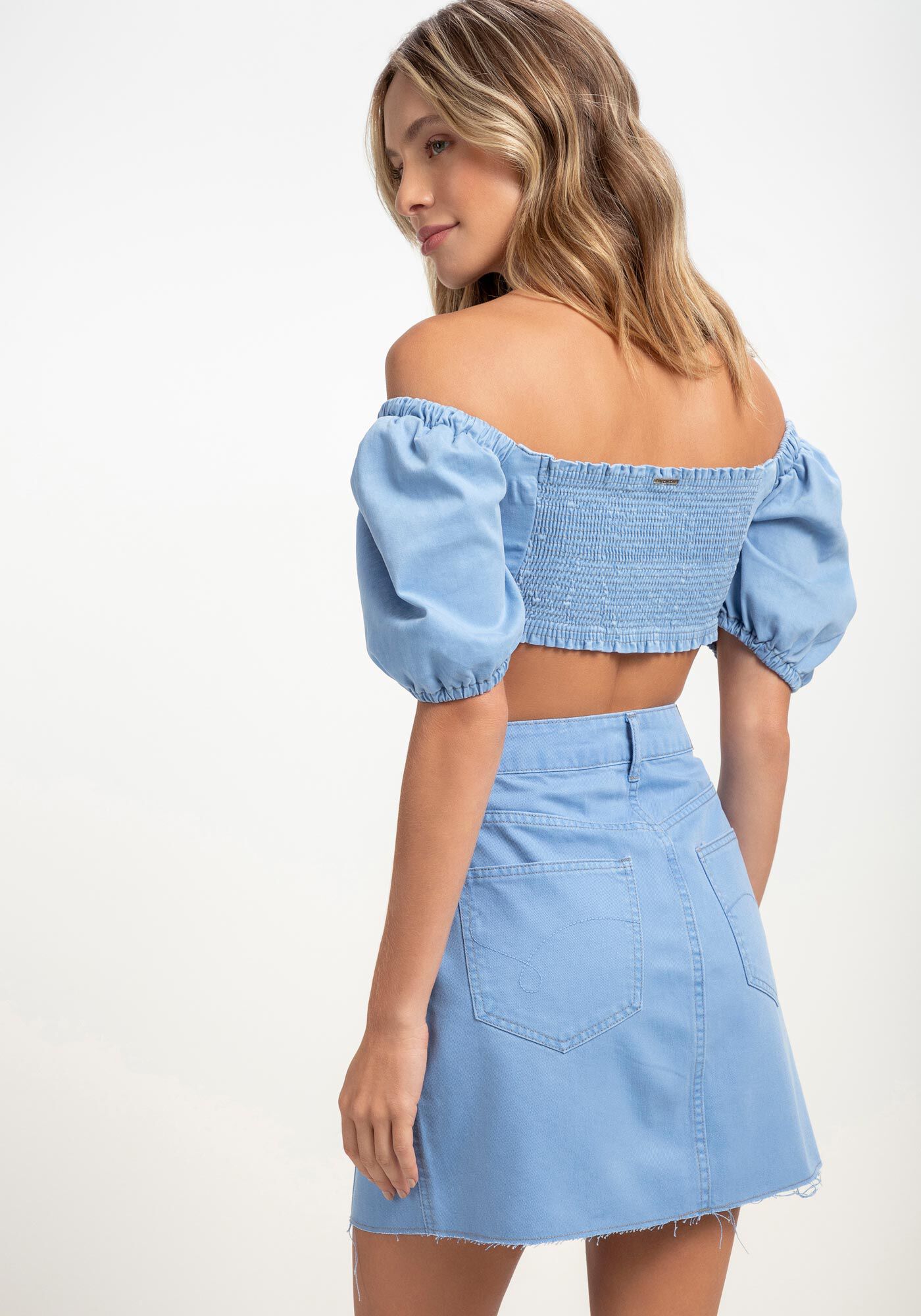 Saia Sarja Curta Cintura Alta com Pespontos, , large.