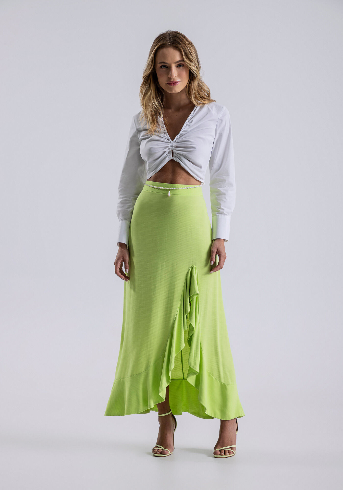Saia Midi Viscose Stars com Babado Fenda, VERDE NINFA, large.