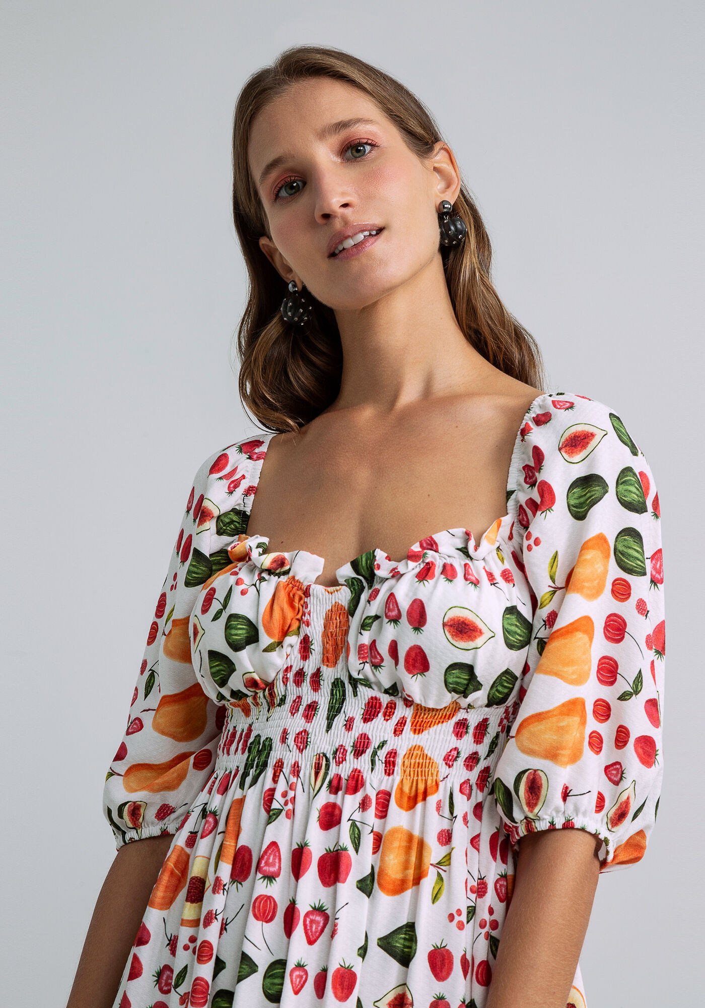 Vestido Curto Franzido no Decote, SALADA DE FRUTAS, large.