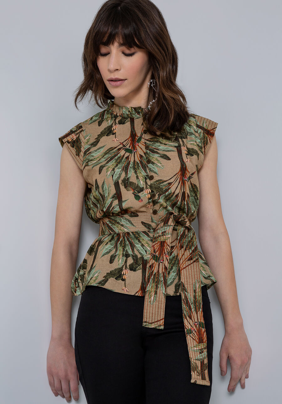 Blusa Estampada em Viscose com Botões e Cinto, . Blusa Estampada em Viscose com Botões e Cinto, , large.
