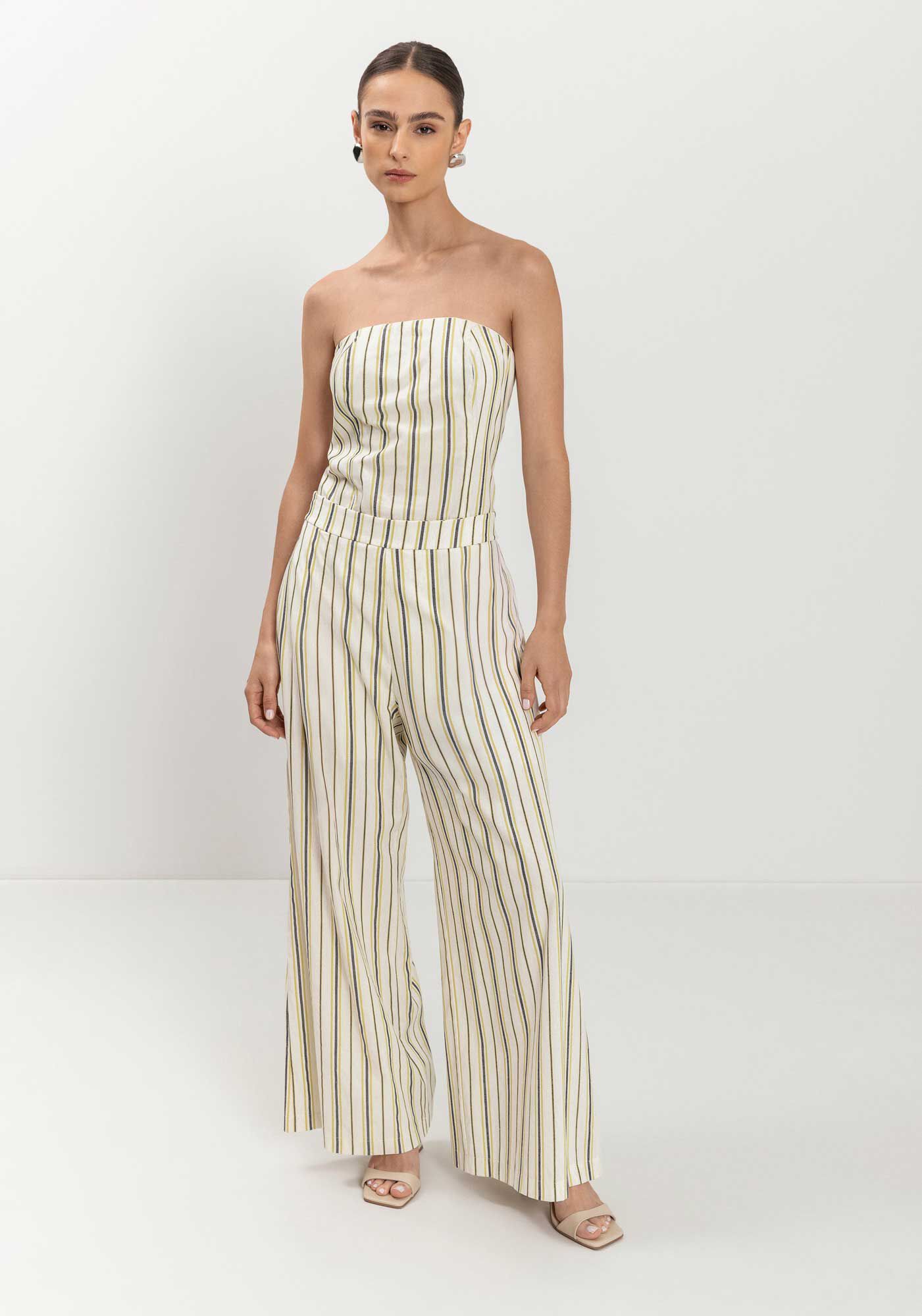 Cal&ccedil;a Pantalona De Cintura Alta Em Linho Leve Listrado, , large.