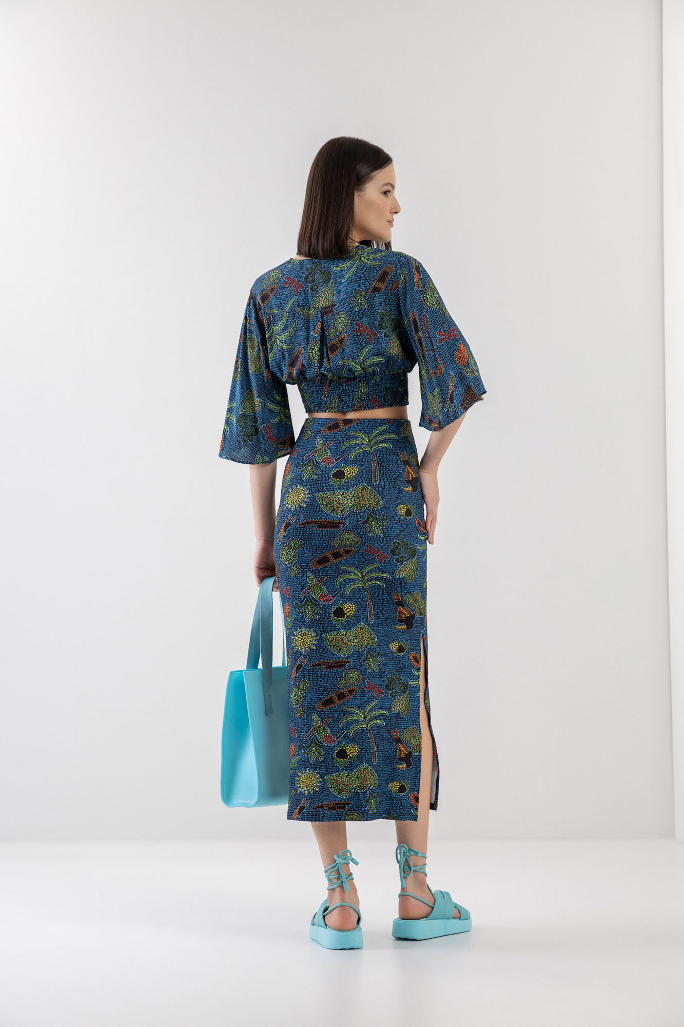 Saia Midi Canelada Estampada com Fenda Lateral, , large.