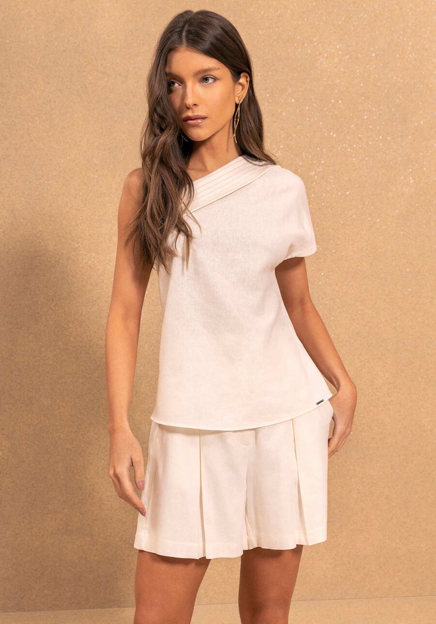 Blusa De Um Ombro Só Com Manga Curta Em Tecido Rústico, BEGE ALHAMBRA. Blusa De Um Ombro Só Com Manga Curta Em Tecido Rústico, BEGE ALHAMBRA, large.