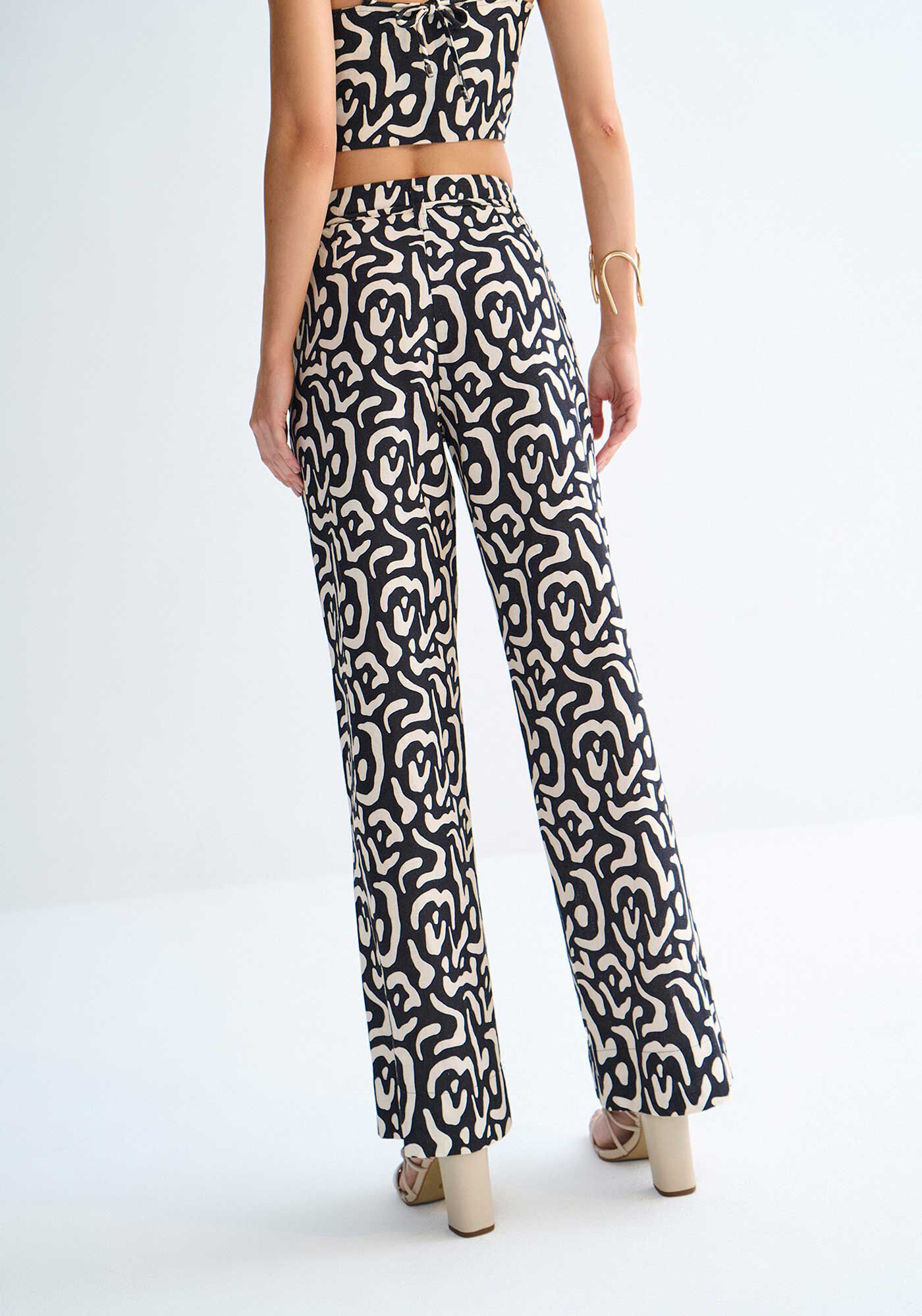 Cal&ccedil;a Reta Cintura Alta em Linho Animal Print com Cinto, , large.