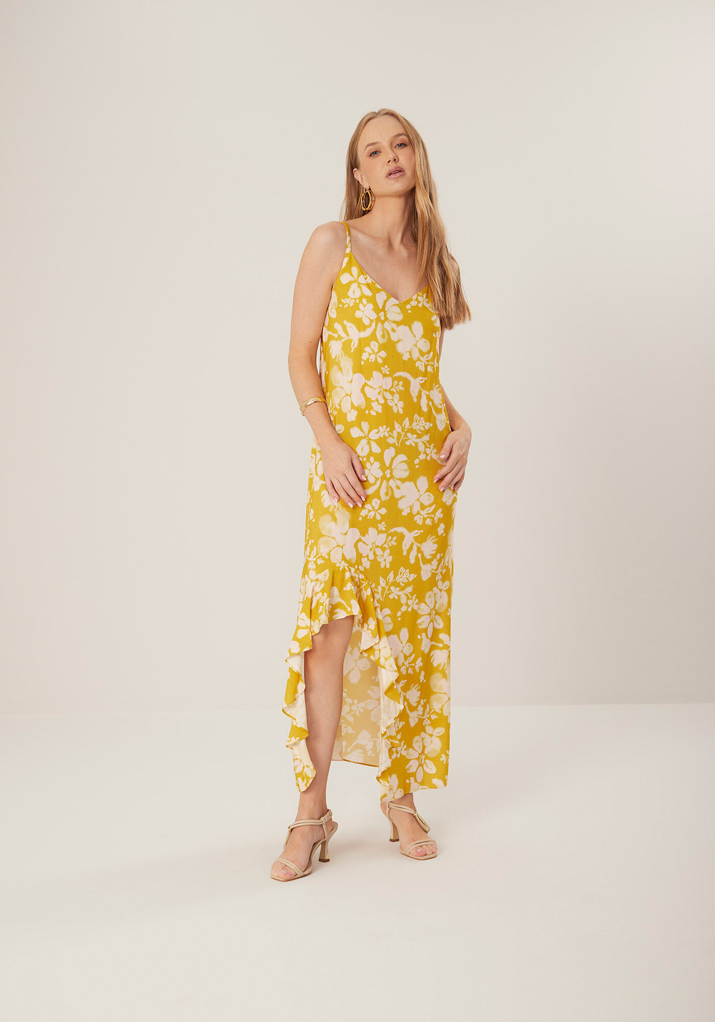 Vestido Estampado Midi Ch&aacute; Com Al&ccedil;as Finas E Babados, , large.