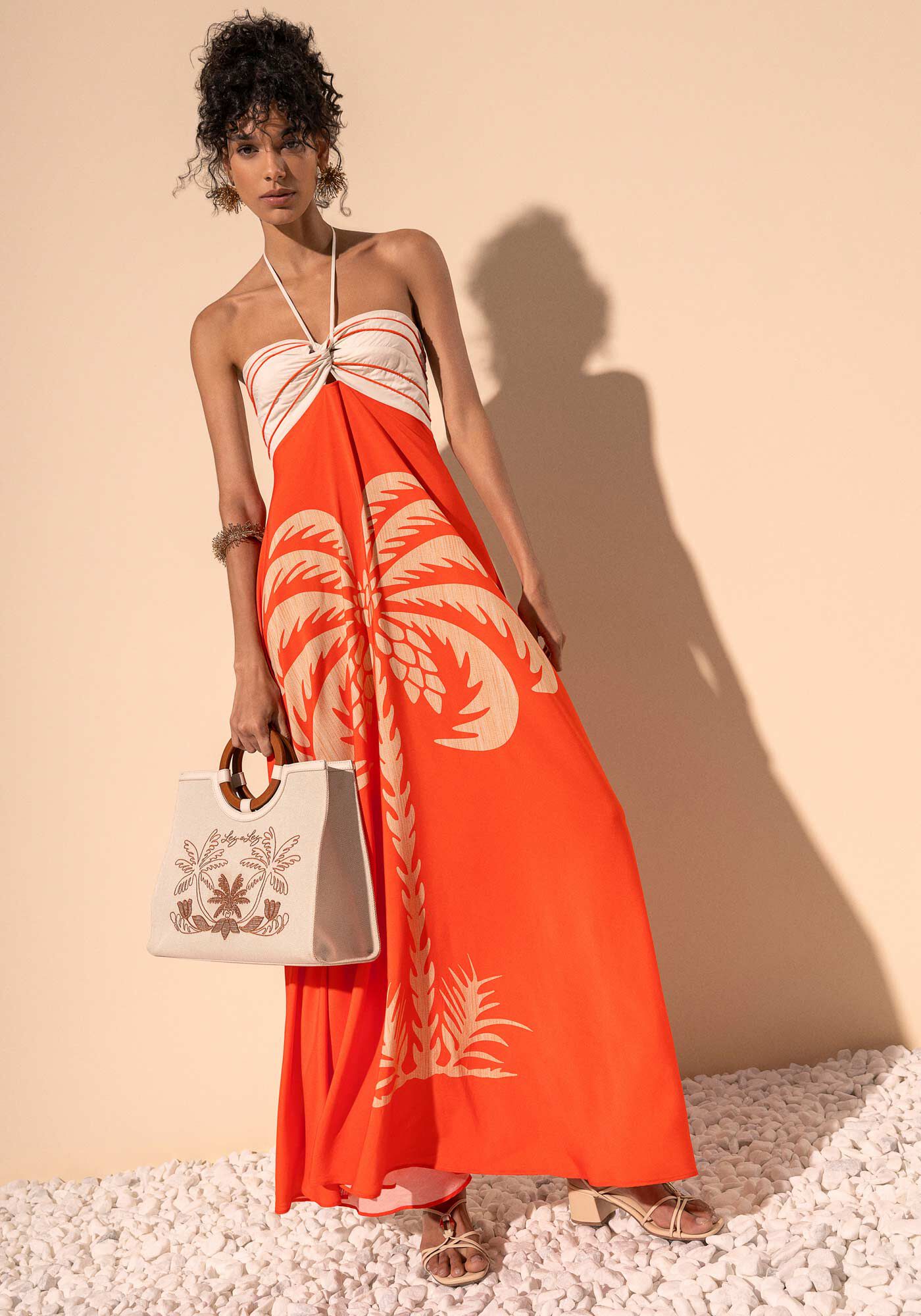 Vestido Longo Fluido Frente &Uacute;nica Com Amarra&ccedil;&atilde;o E Recorte, MINI PALM LARANJA, large.