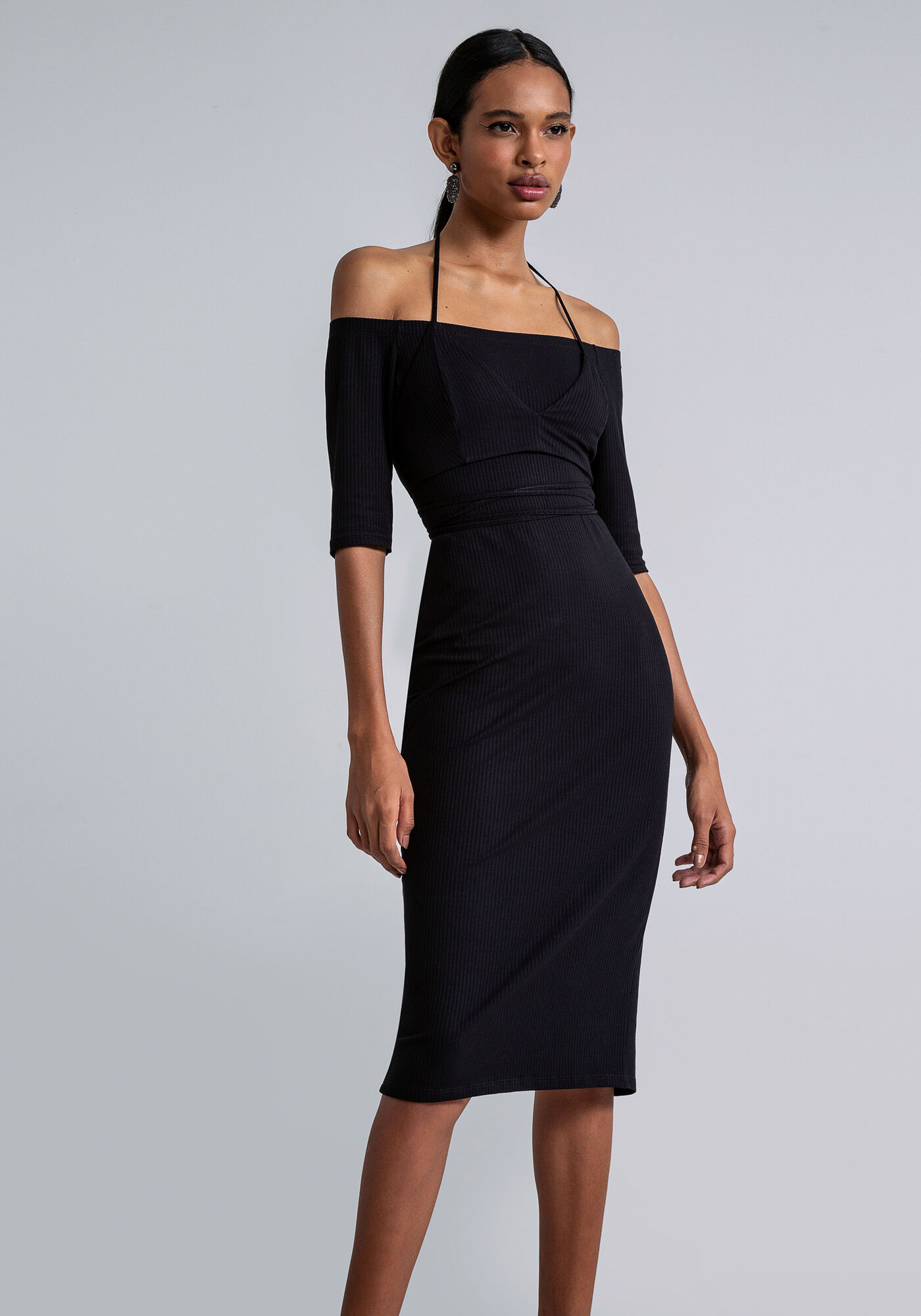 Vestido Ombro a Ombro Midi com Top, PRETO, large.