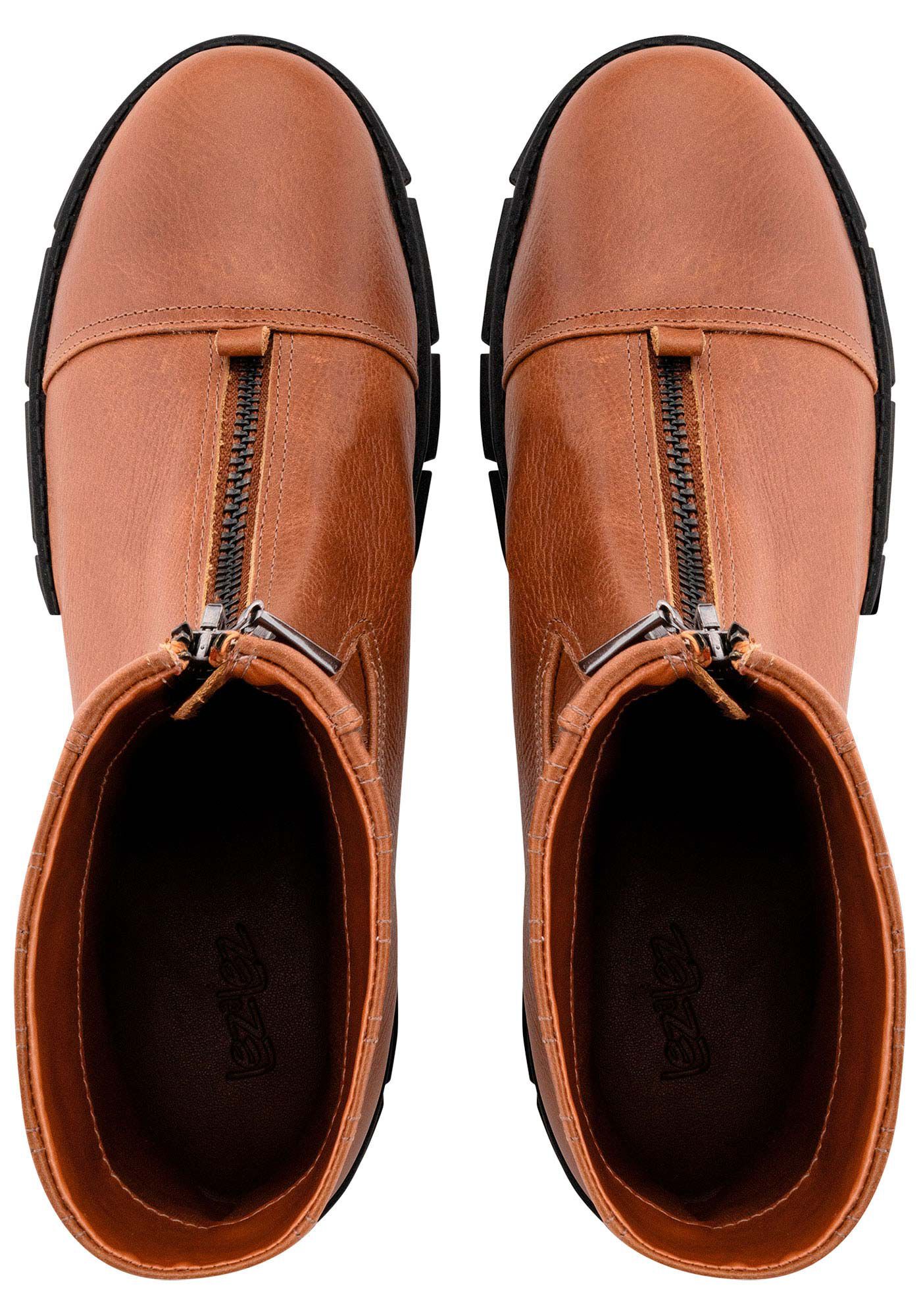 Bota Coturno Cano Baixo em Couro com Z&iacute;per, CARAMELO, large.