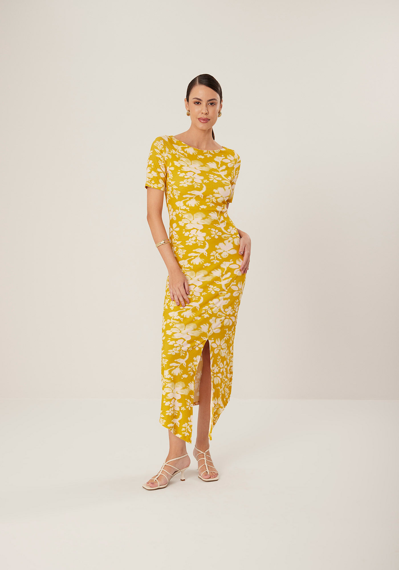 Vestido Midi Ch&aacute; Estampado Assim&eacute;trico Em Malha Canelada, , large.