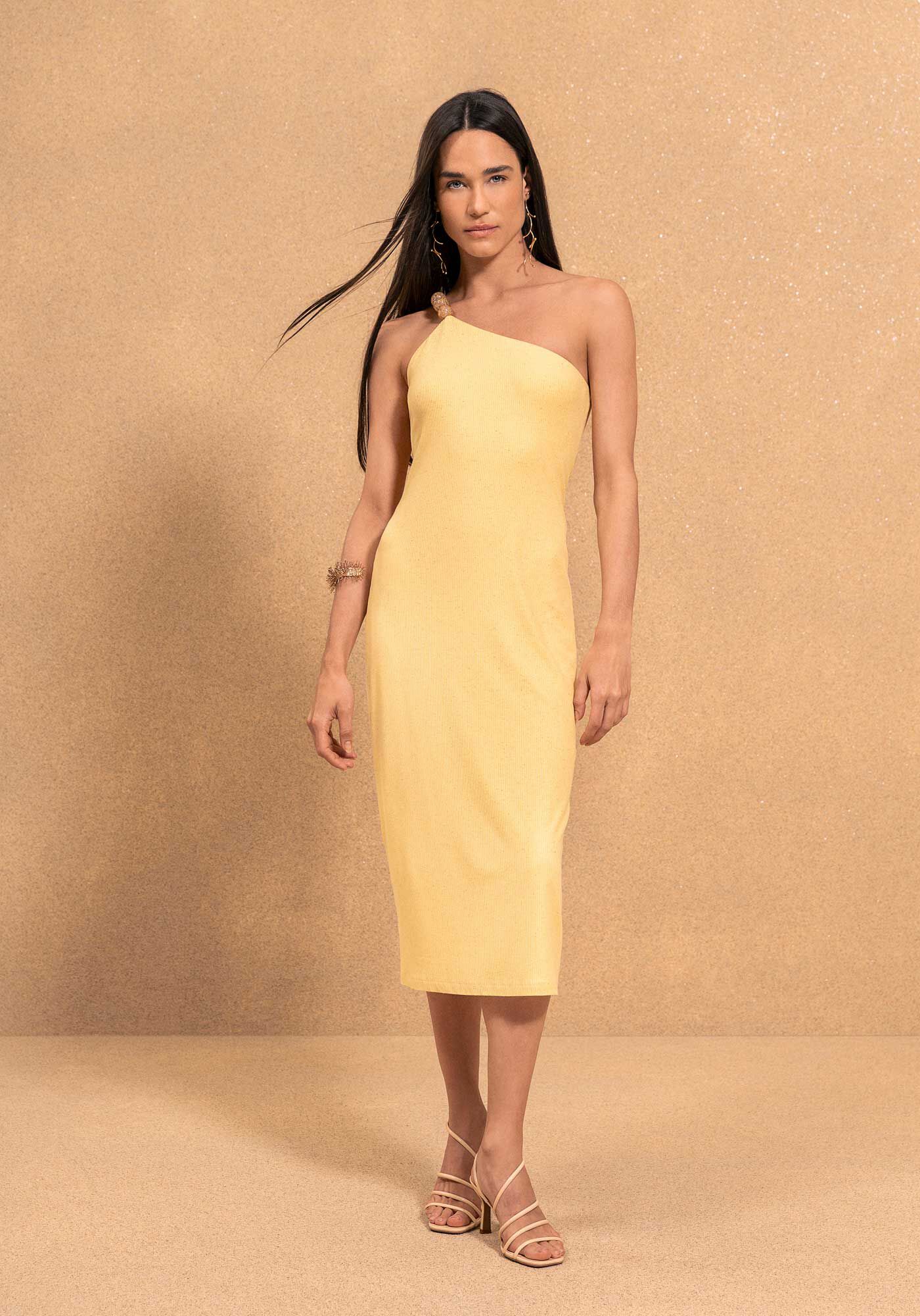 Vestido De Um Ombro S&oacute; Midi Em Malha Canelada Com Elastano, AMARELO SENSATION, large.