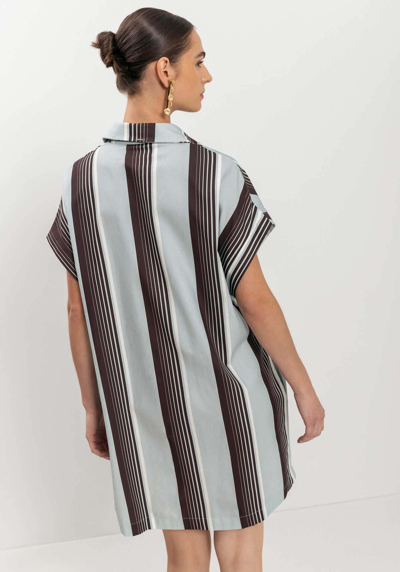 Vestido De Mangas Curtas Com Gola E Bot&otilde;es, STRIPES CINZA, large.