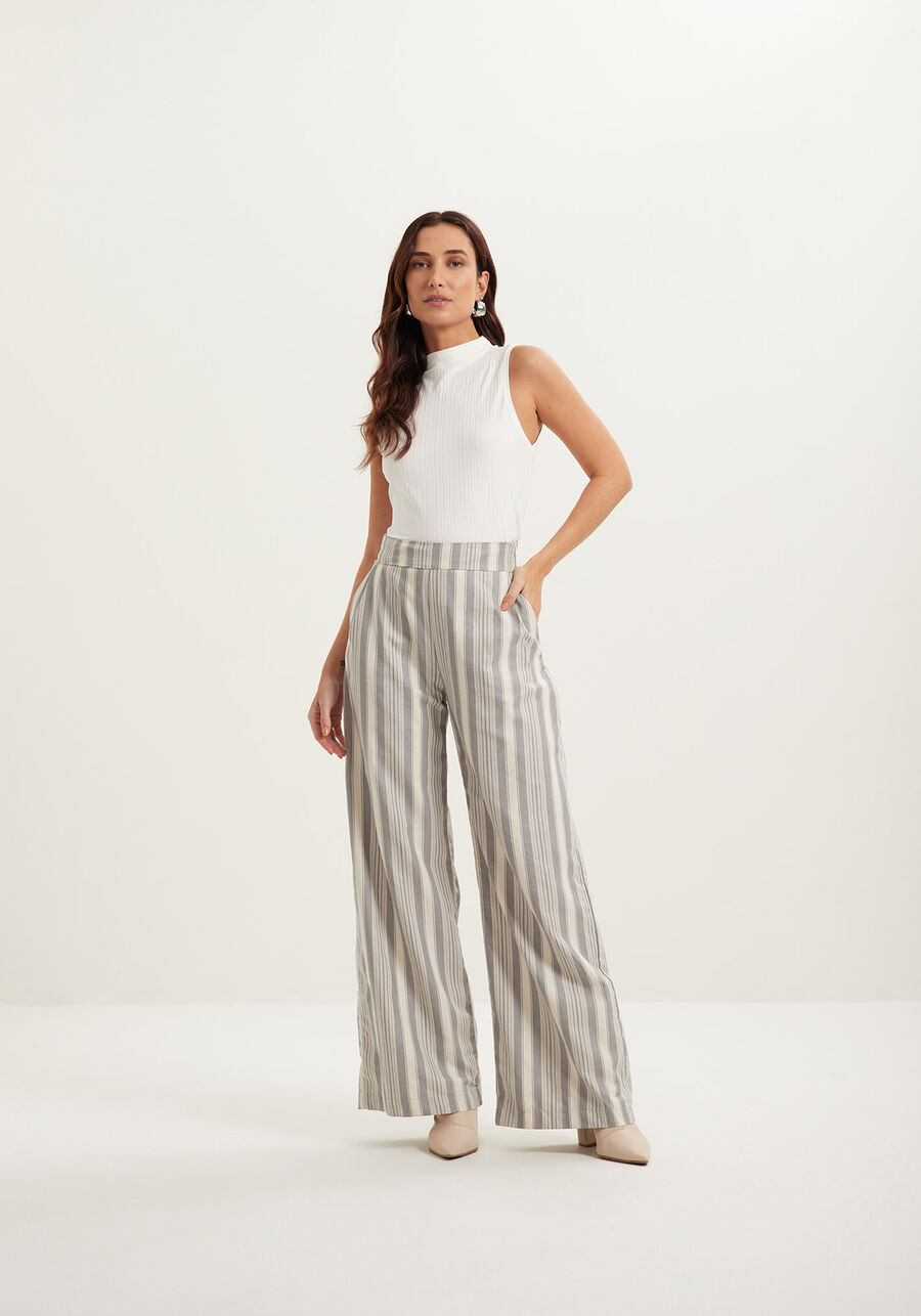 Calça Pantalona Listrada Com Cintura Alta Em Algodão, . Calça Pantalona Listrada Com Cintura Alta Em Algodão, , large.