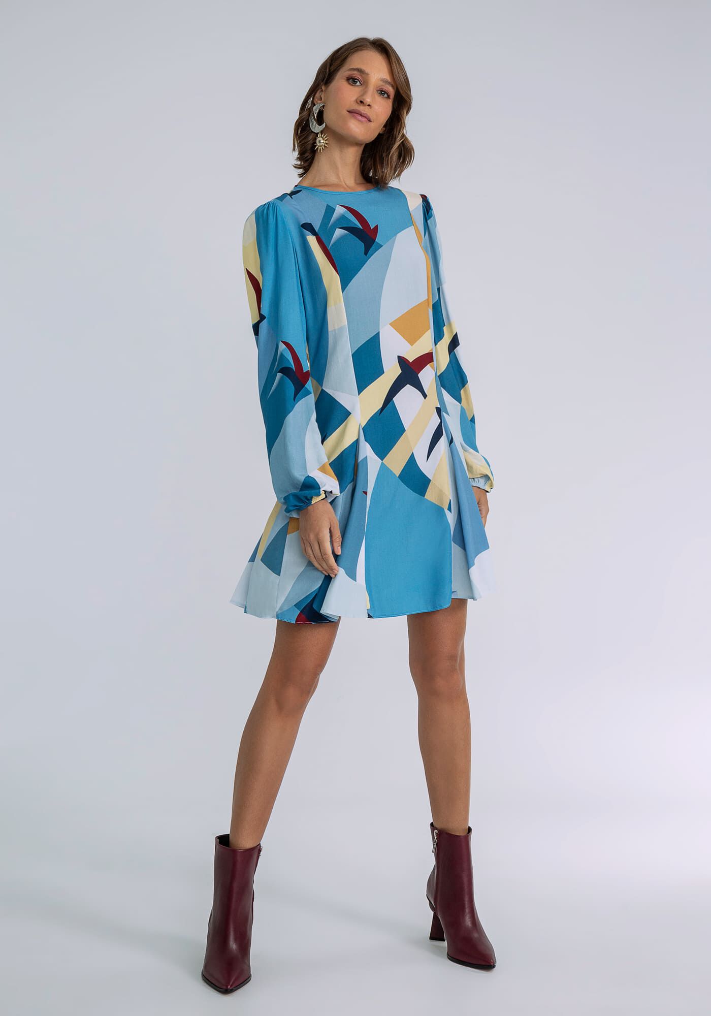 Vestido Estampado Manga Longa Faixa, , large.