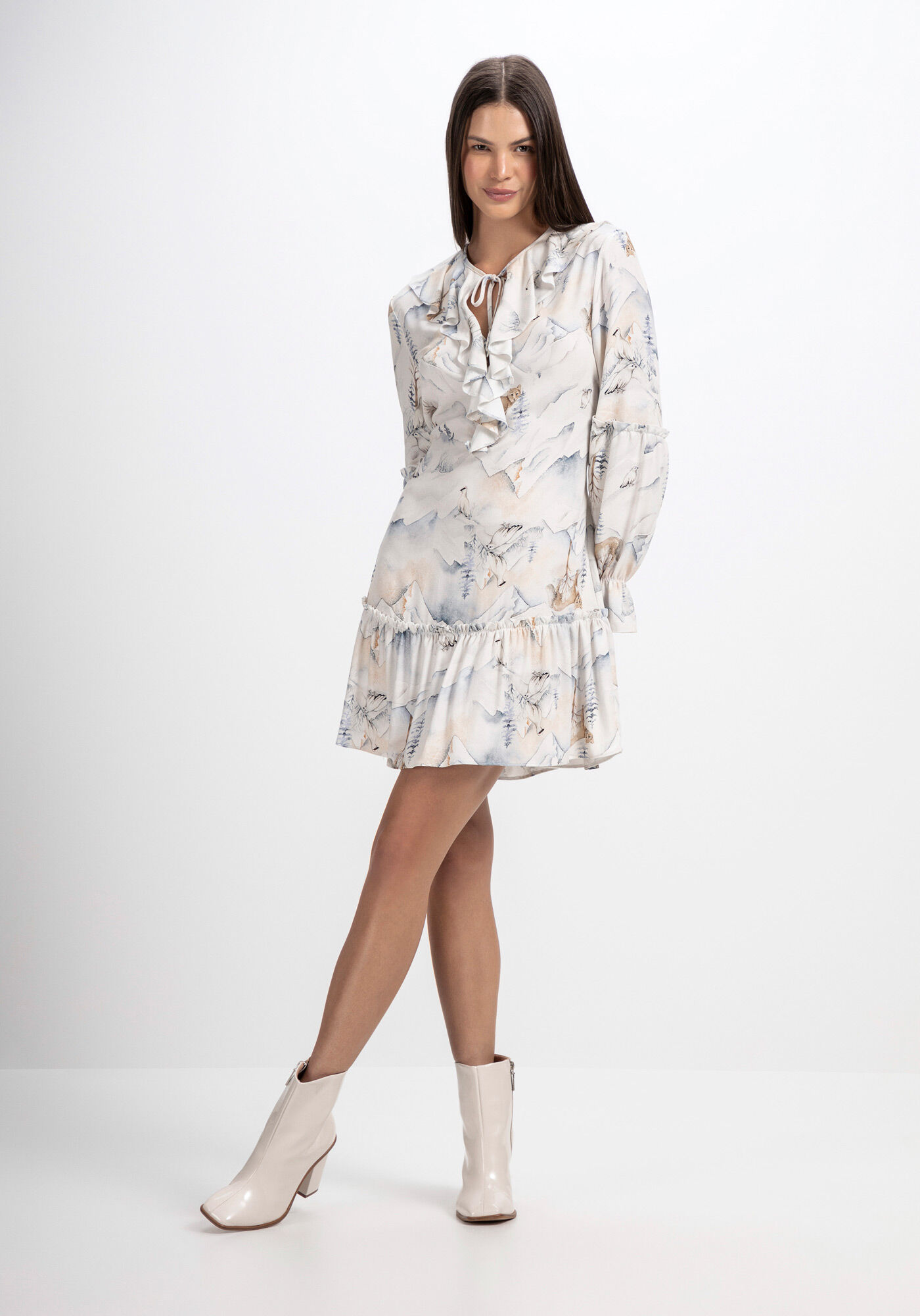 Vestido Curto Manga Longa em Crepe com Babados, FOX, large.