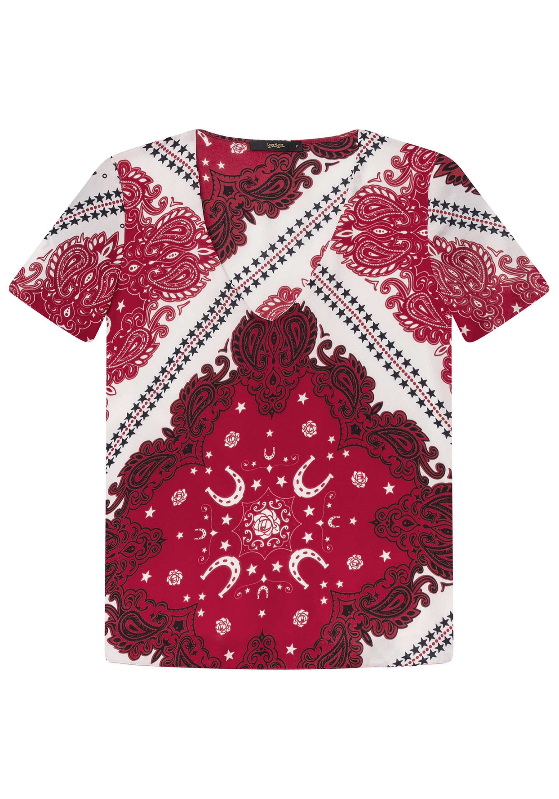 Blusa Estampada Decote V Tecido Bandana, BANDANA. Blusa Estampada Decote V Tecido Bandana, BANDANA, large.