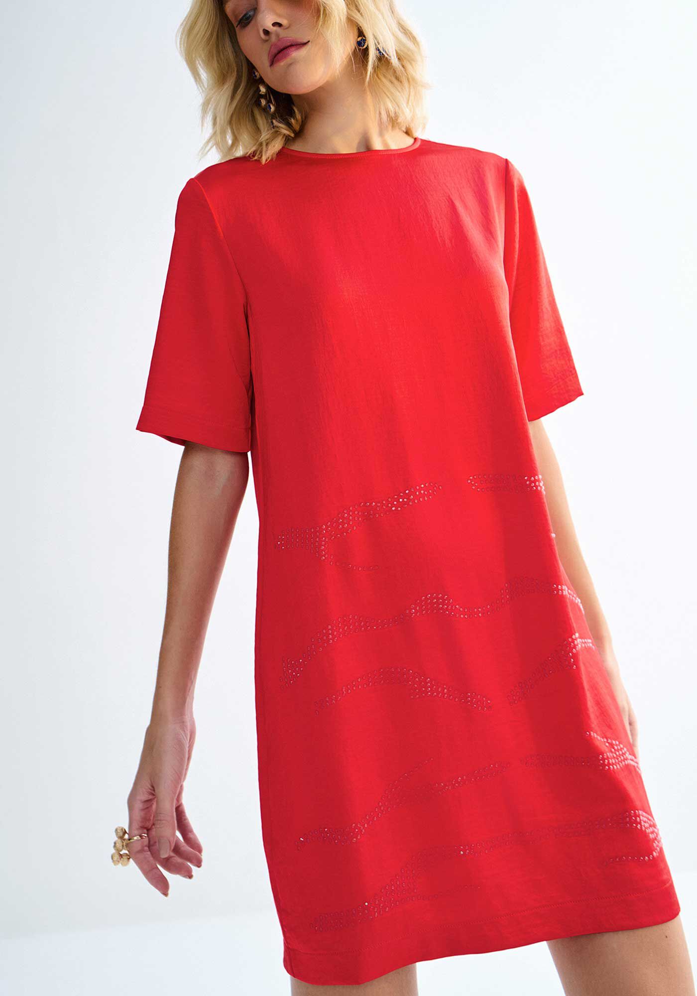 Vestido Curto Reto Acetinado com Strass, , large.