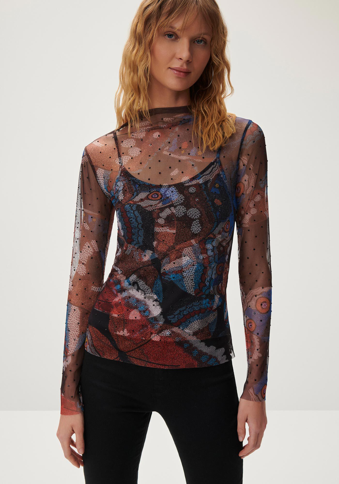 Blusa Manga Longa em Tule Po&aacute; com Gola Alta, , large.