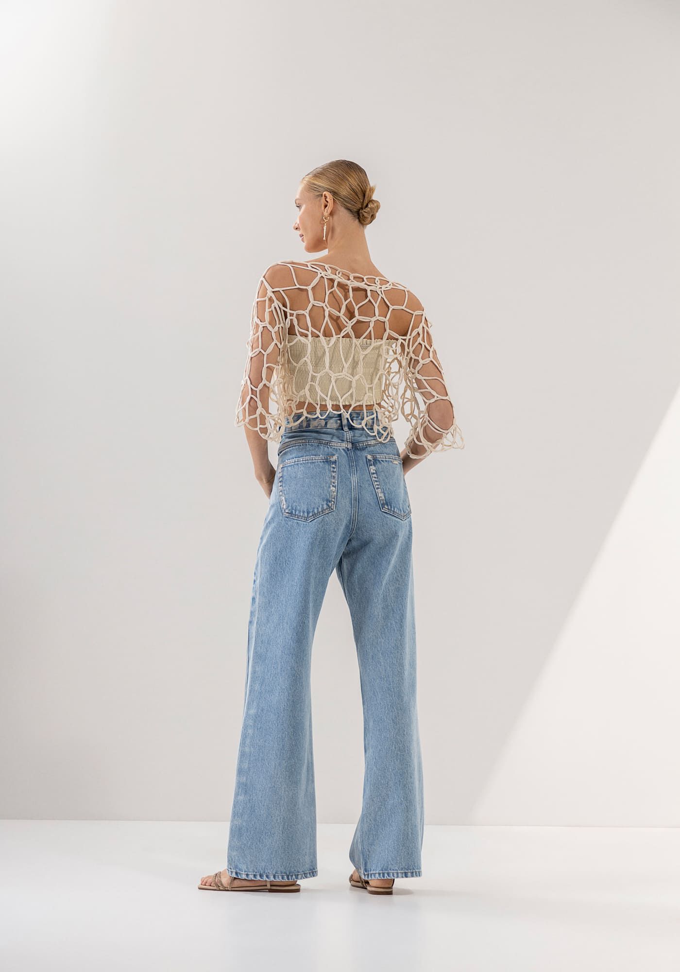 Cal&ccedil;a Jeans Wide Leg Super Alta Hologr&aacute;fica, JEANS, large.