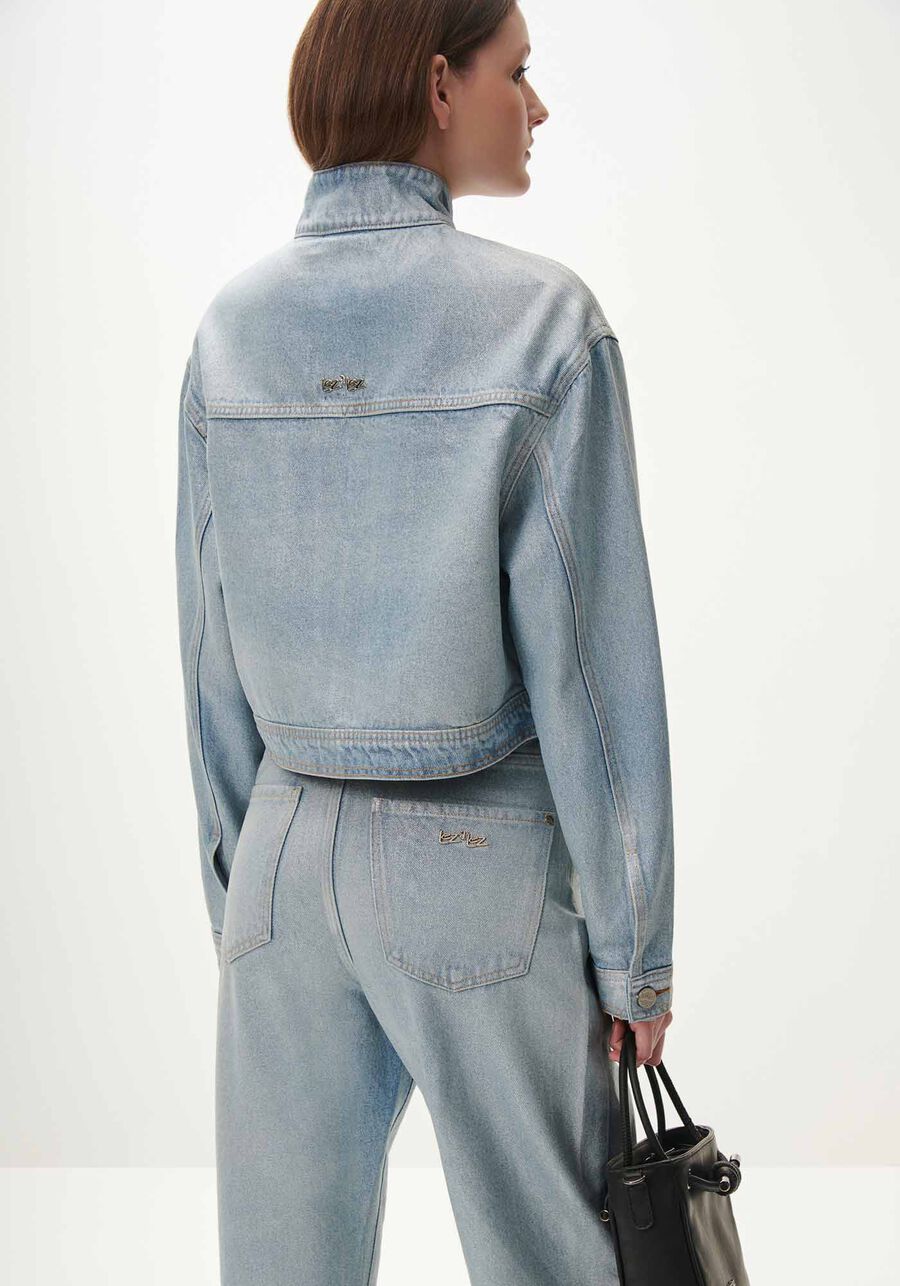 Jaqueta Jeans Cropped com Gola Alta, JEANS. Jaqueta Jeans Cropped com Gola Alta, JEANS, large.