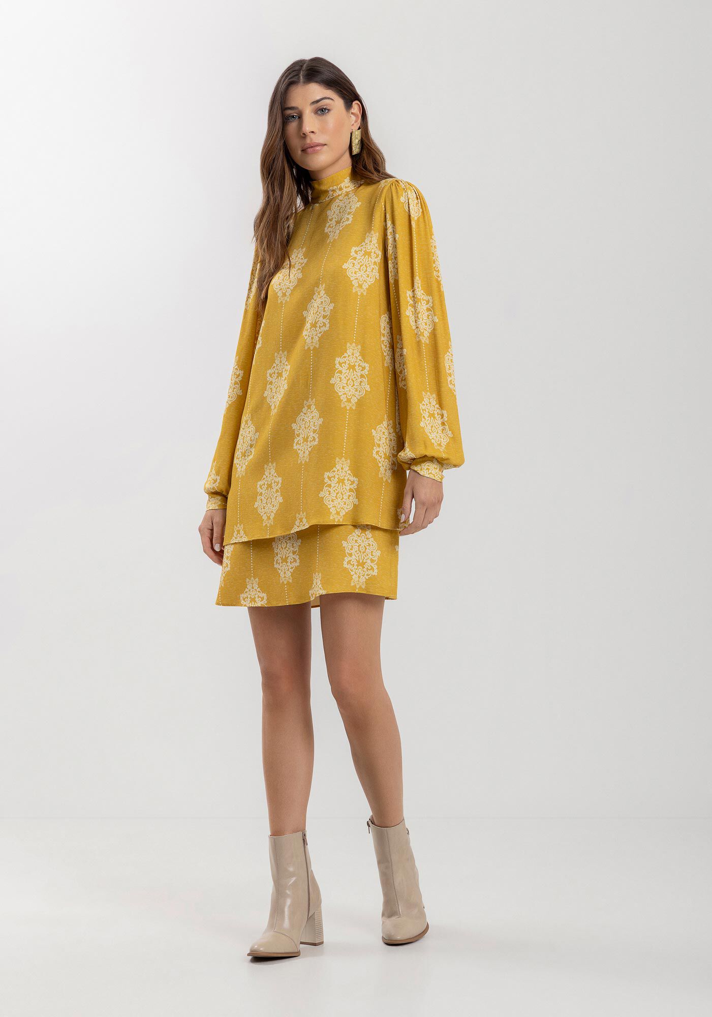 Vestido Curto Estampado Com Mangas Amplas E Gola Alta, CUTWORK VERDE, large.