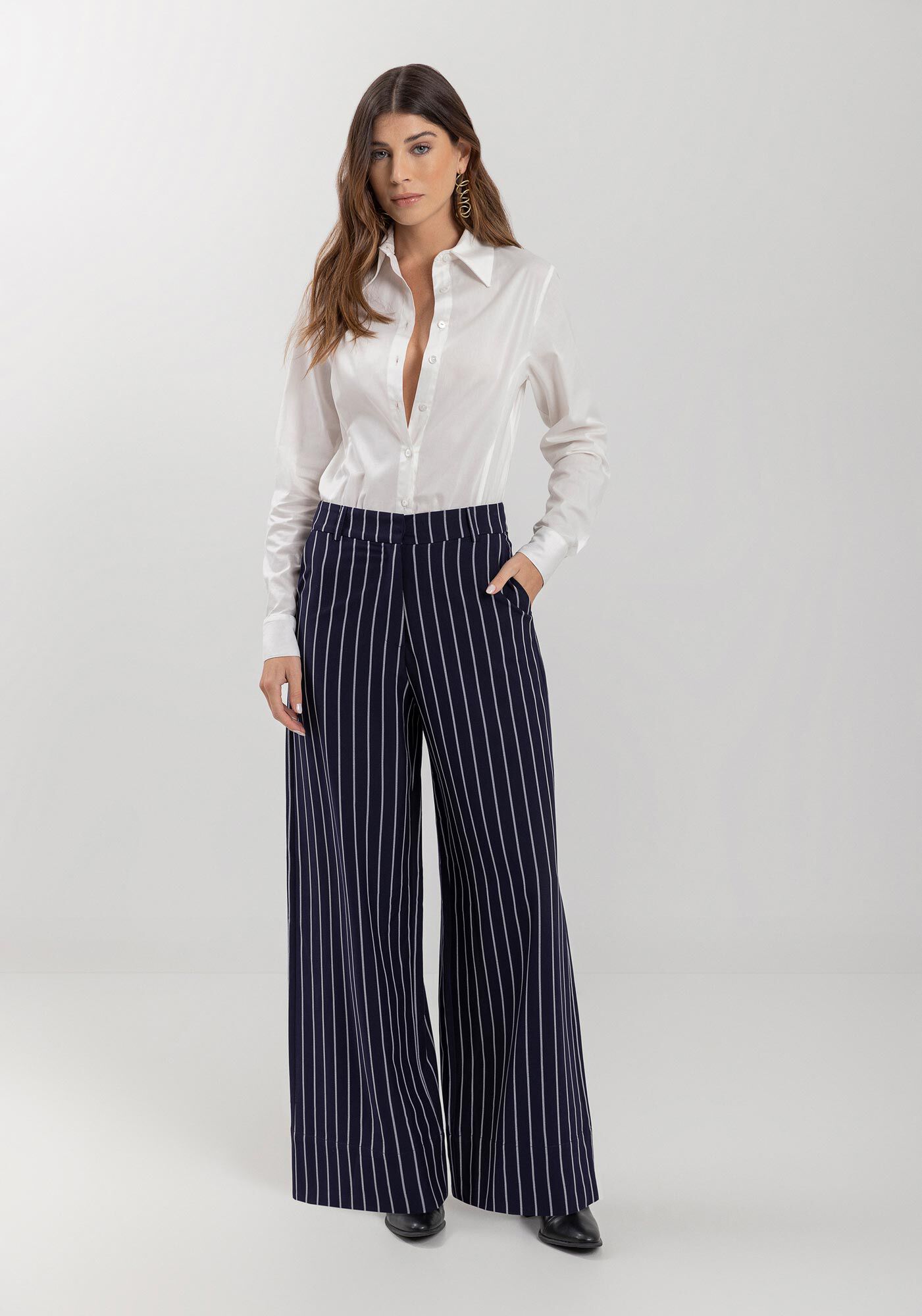 Cal&ccedil;a Em Alfaiataria Risca De Giz Com Cintura Alta, MARINHO DEEP BLUE, large.