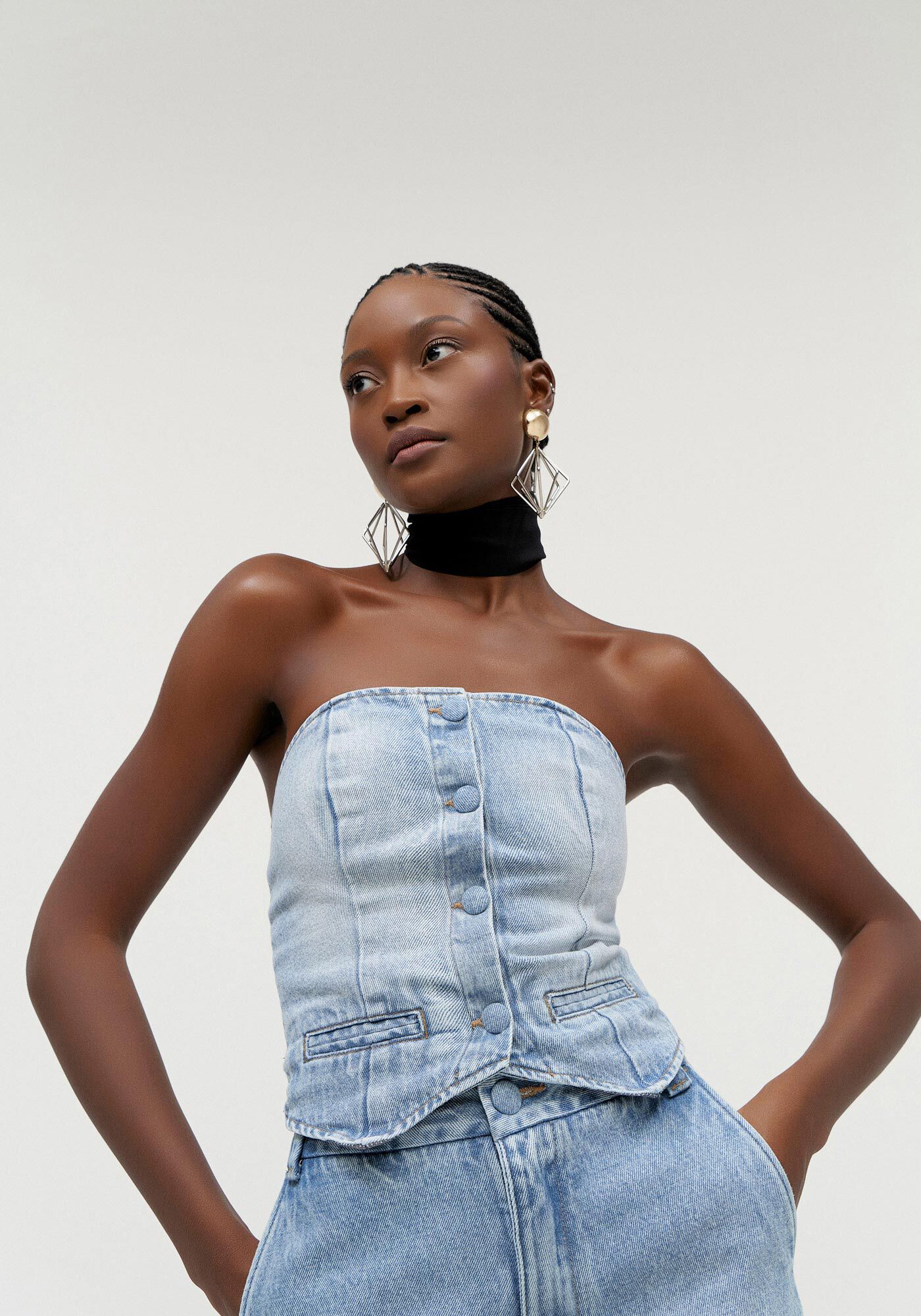 Blusa Jeans Corset Sem Al&ccedil;a, , large.