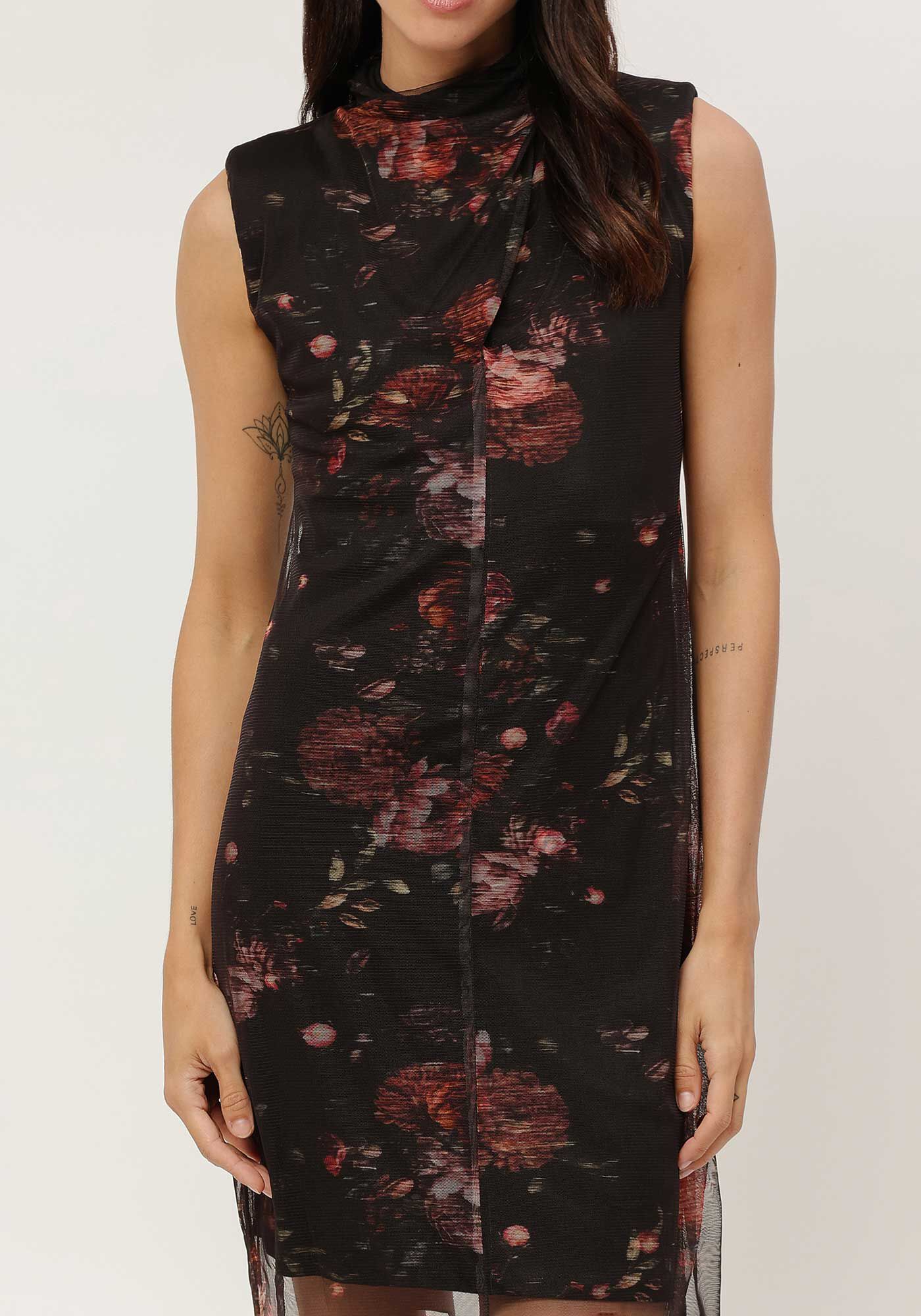 Vestido Midi em Tule Estampado com Gola Alta, , large.