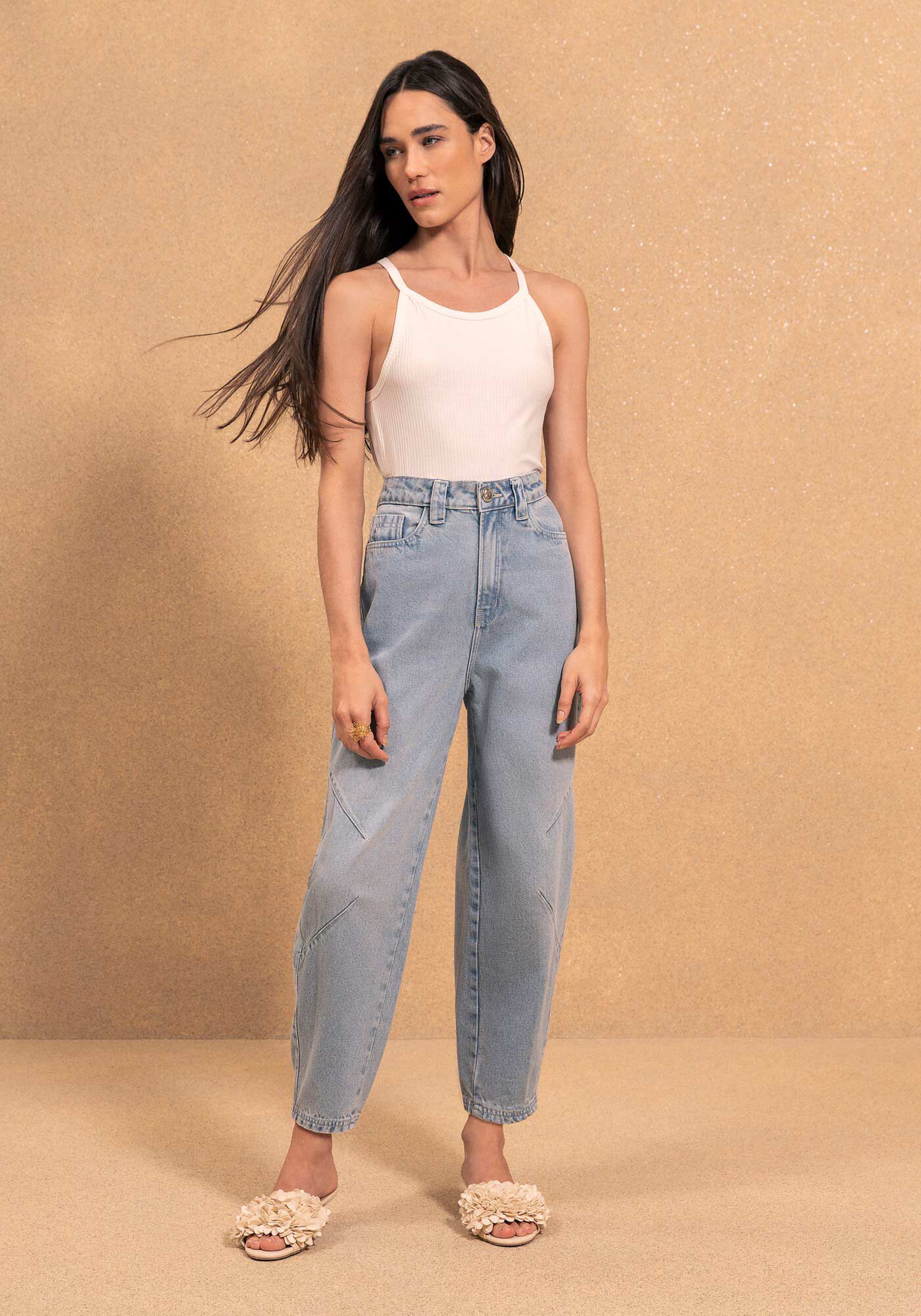 Cal&ccedil;a Jeans Barrel De Cintura Alta Com Recortes, JEANS, large.