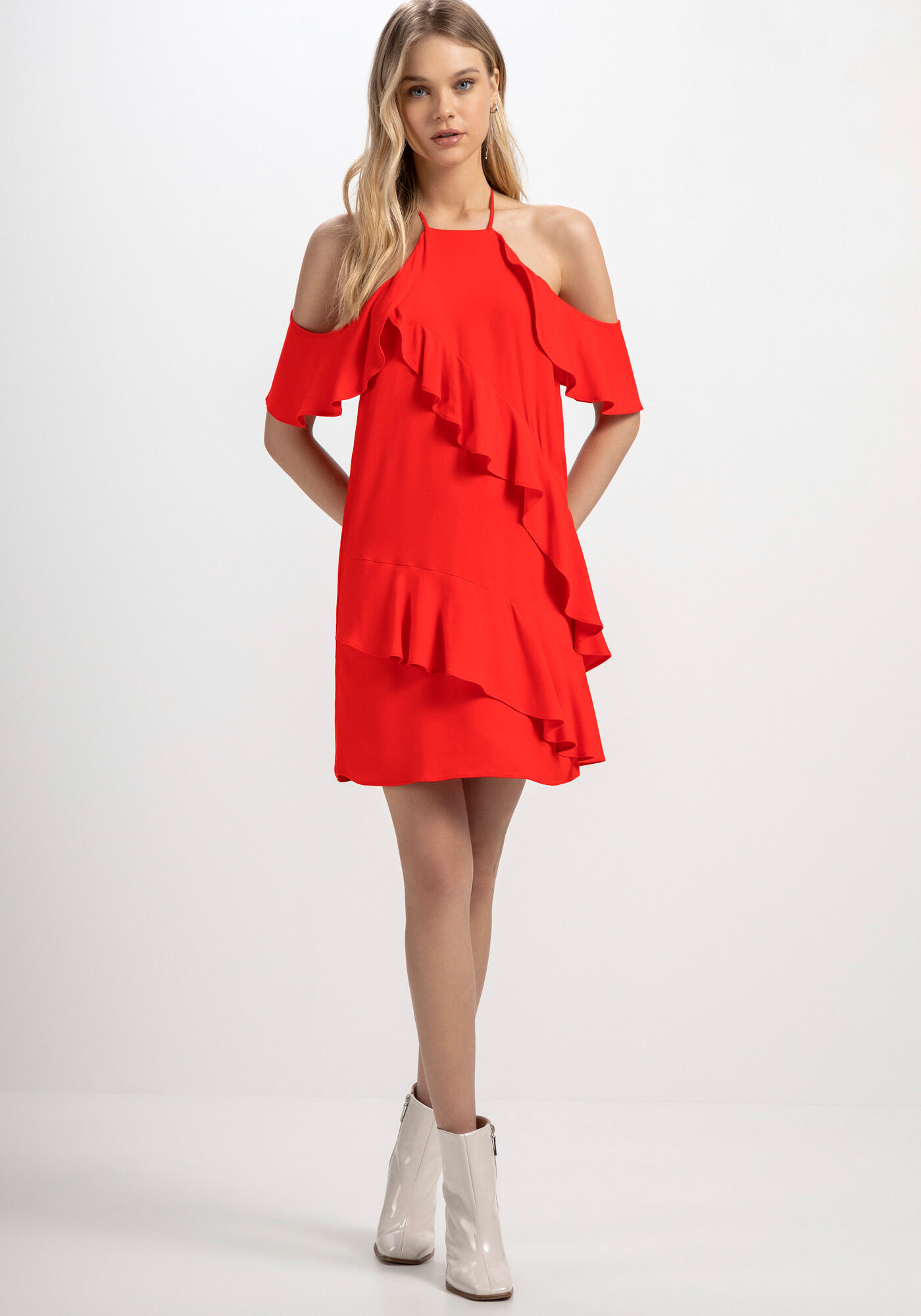 Vestido Curto em Crepe com Babados, VERMELHO FOREVER, large.