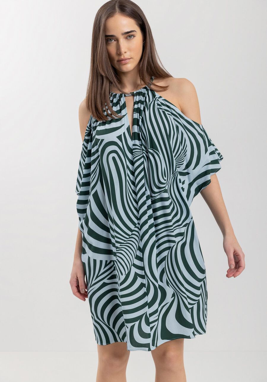 Vestido Curto Fluido Estampado Com Mangas Amplas Em Viscose, SILHOUETTE AZUL. Vestido Curto Fluido Estampado Com Mangas Amplas Em Viscose, SILHOUETTE AZUL, large.