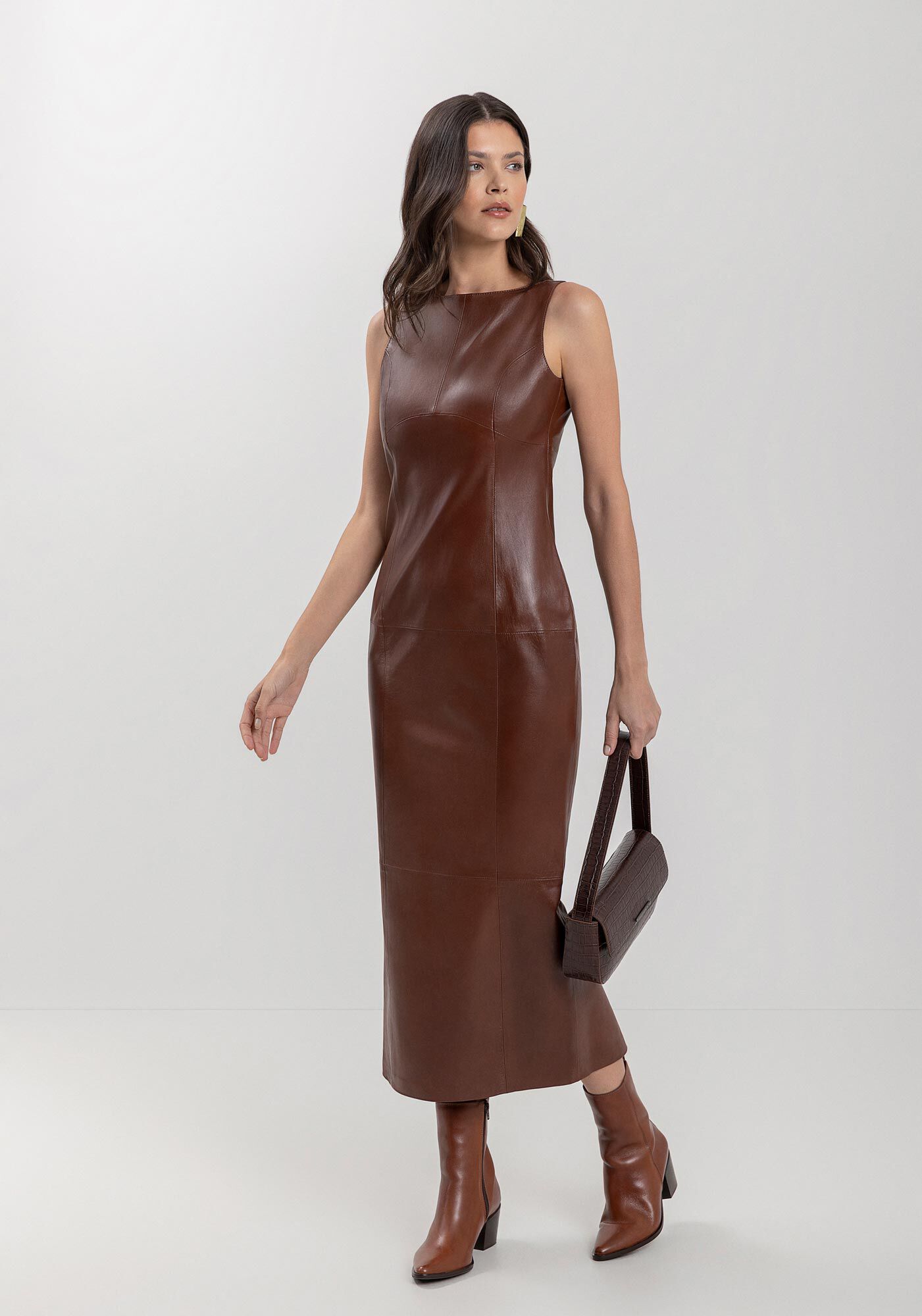 Vestido Midi Ch&aacute; Em Couro Com Z&iacute;per Posterior, MARROM CHOCOLATE, large.