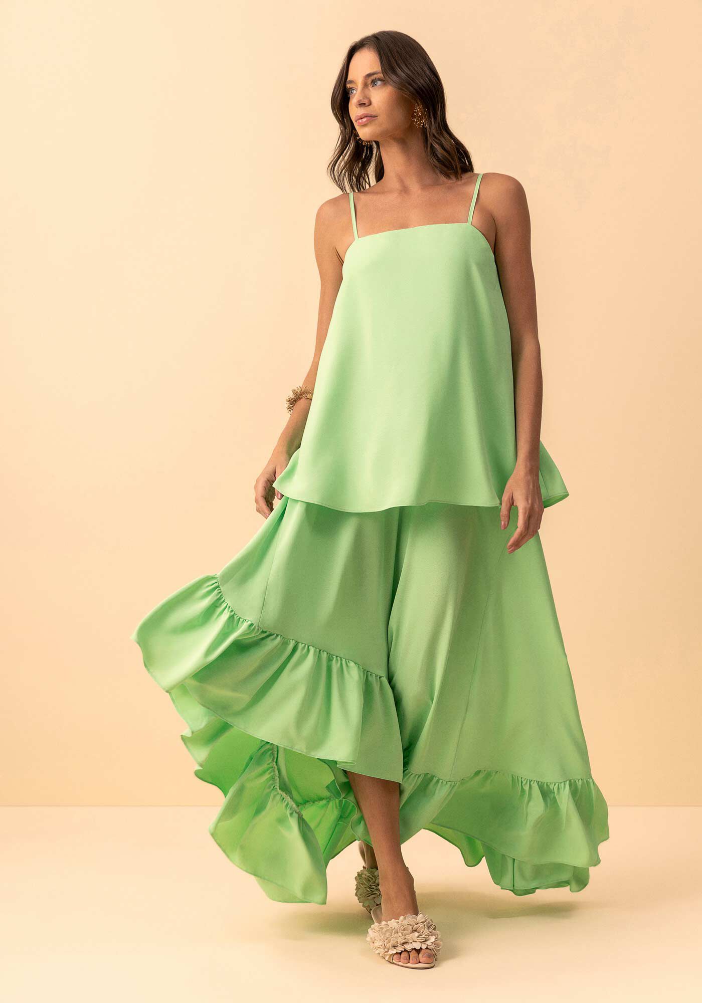 Vestido Longo Assim&eacute;trico Com Babados E Al&ccedil;as Finas, VERDE SABEDORIA, large.