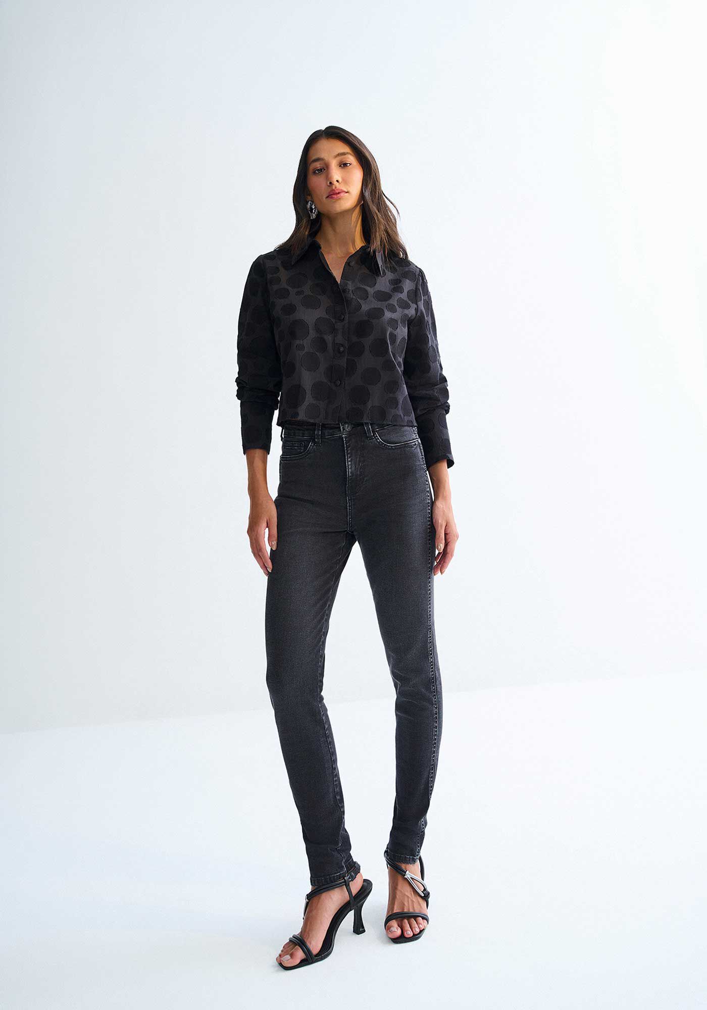 Cal&ccedil;a Jeans Skinny Preta Perfect com Cintura Alta, , large.